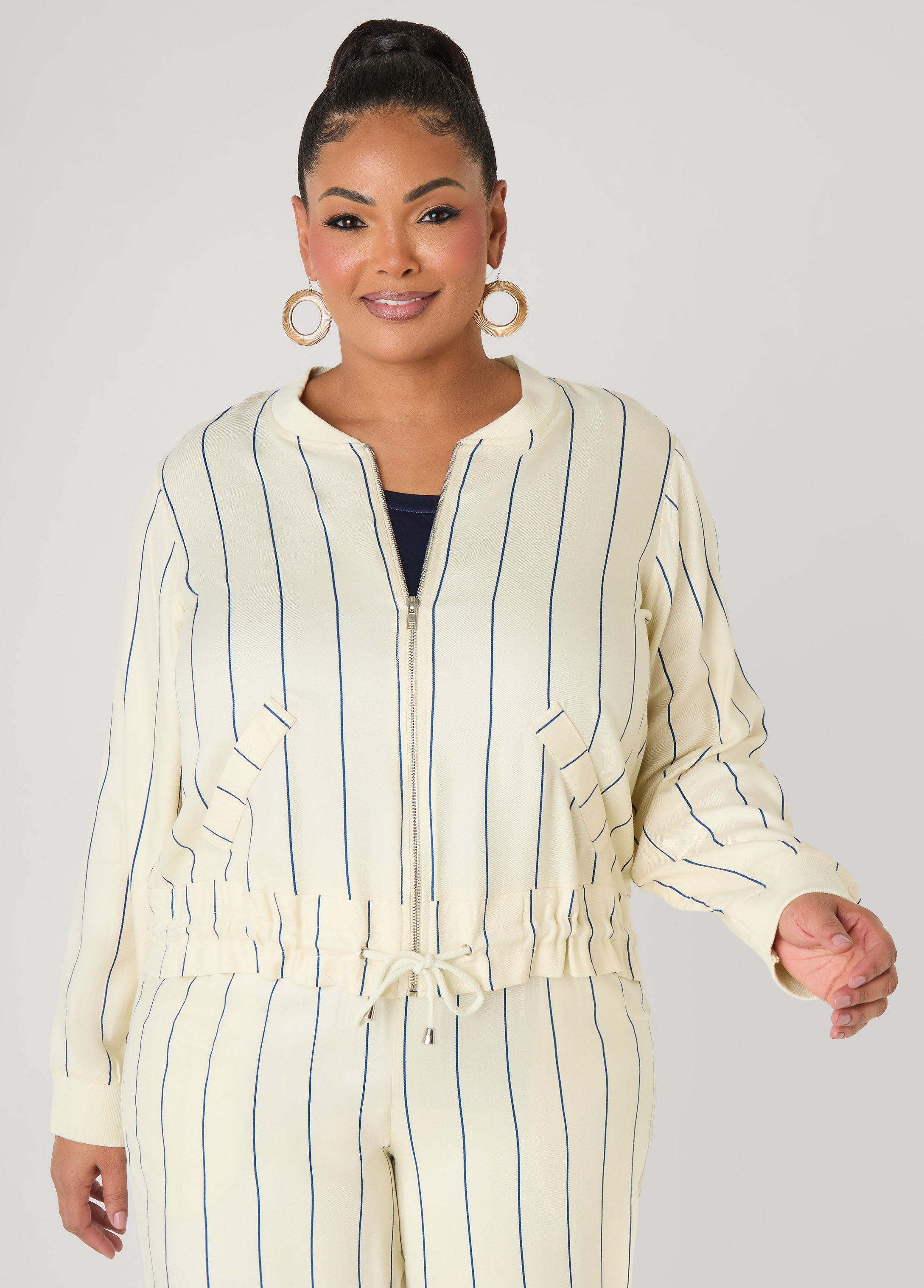 Pinstriped Zip Front Jacket Navy Peony | Ashley Stewart