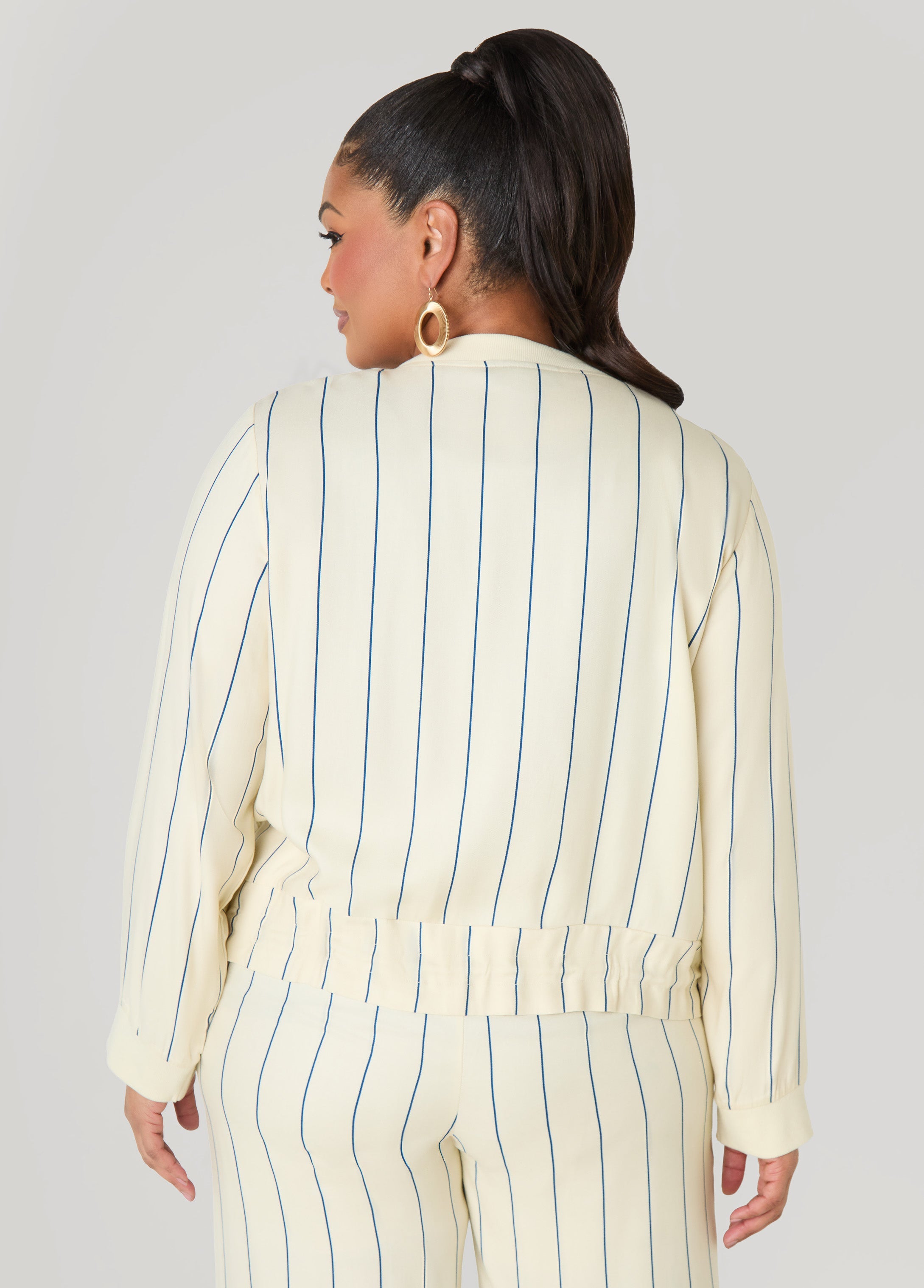 Pinstriped Zip Front Jacket Navy Peony | Ashley Stewart