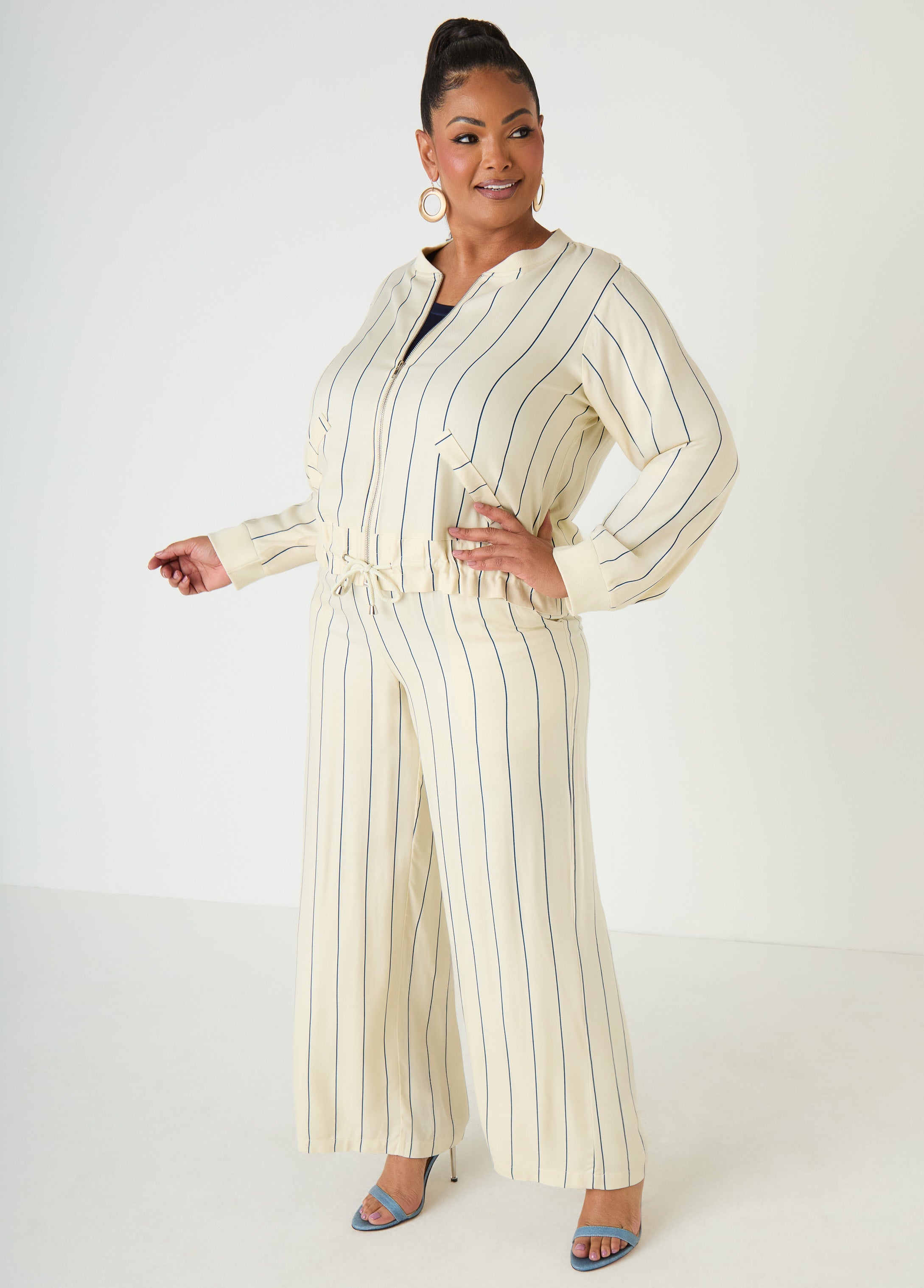 Pinstriped Zip Front Jacket Navy Peony | Ashley Stewart