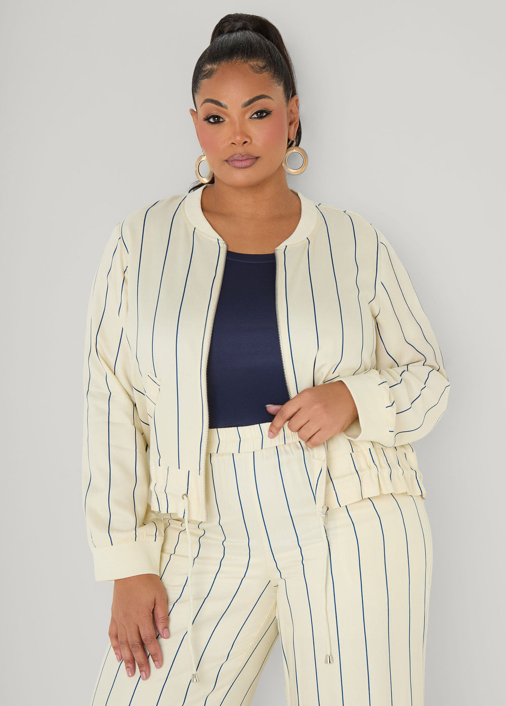 Pinstriped Zip Front Jacket Navy Peony | Ashley Stewart