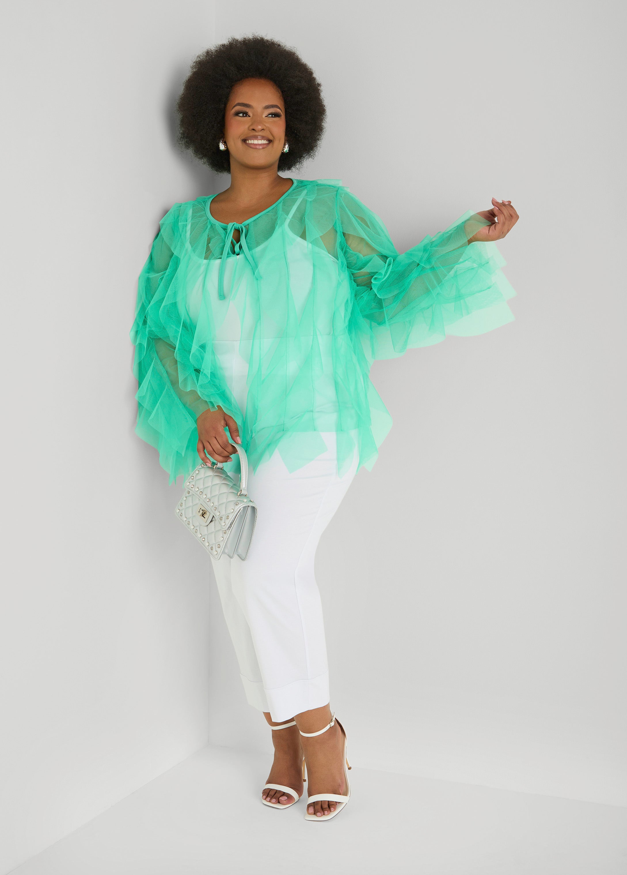 Ruffled Tulle Jacket Ice Green | Ashley Stewart