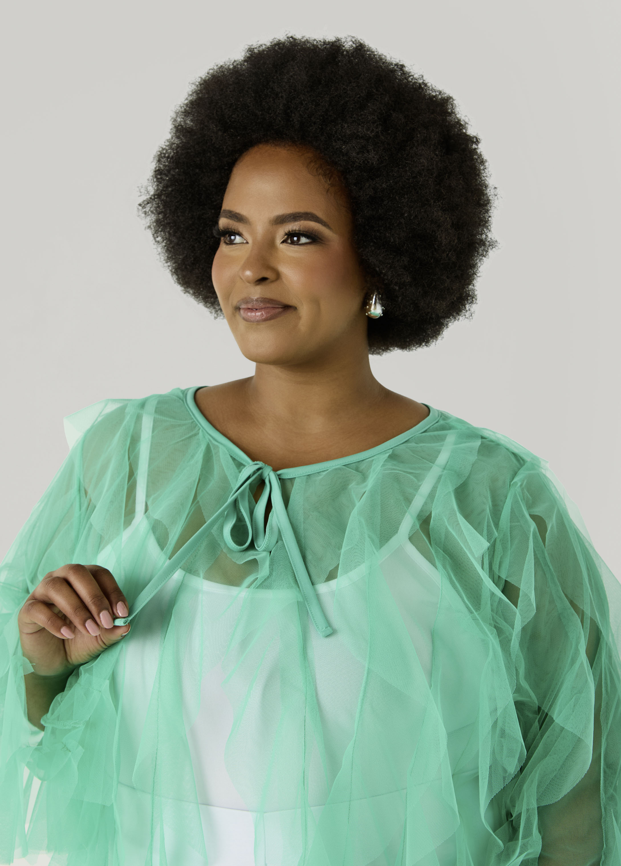 Ruffled Tulle Jacket Ice Green | Ashley Stewart