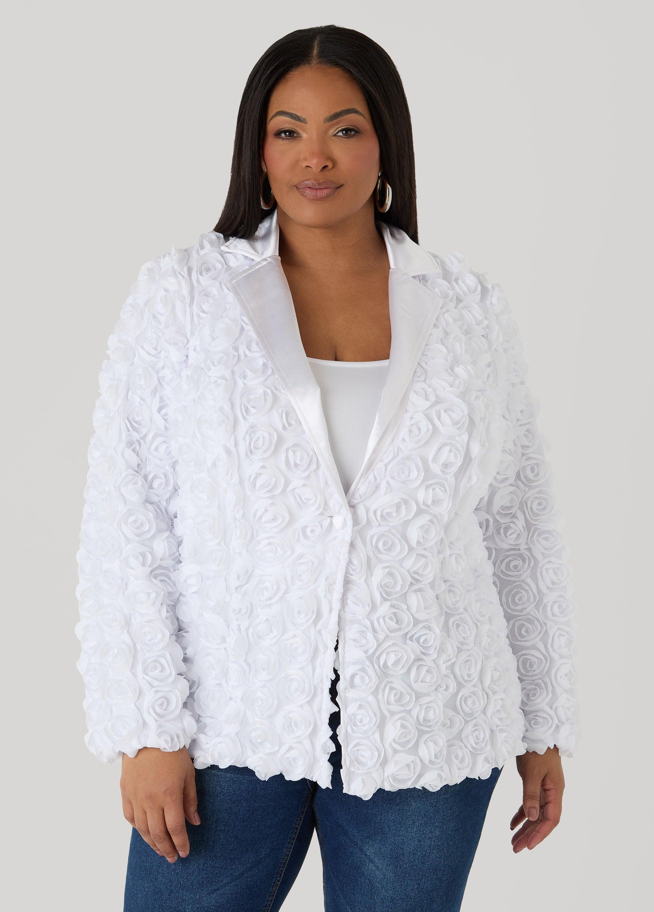 Satin Paneled Rosette Blazer White | Ashley Stewart