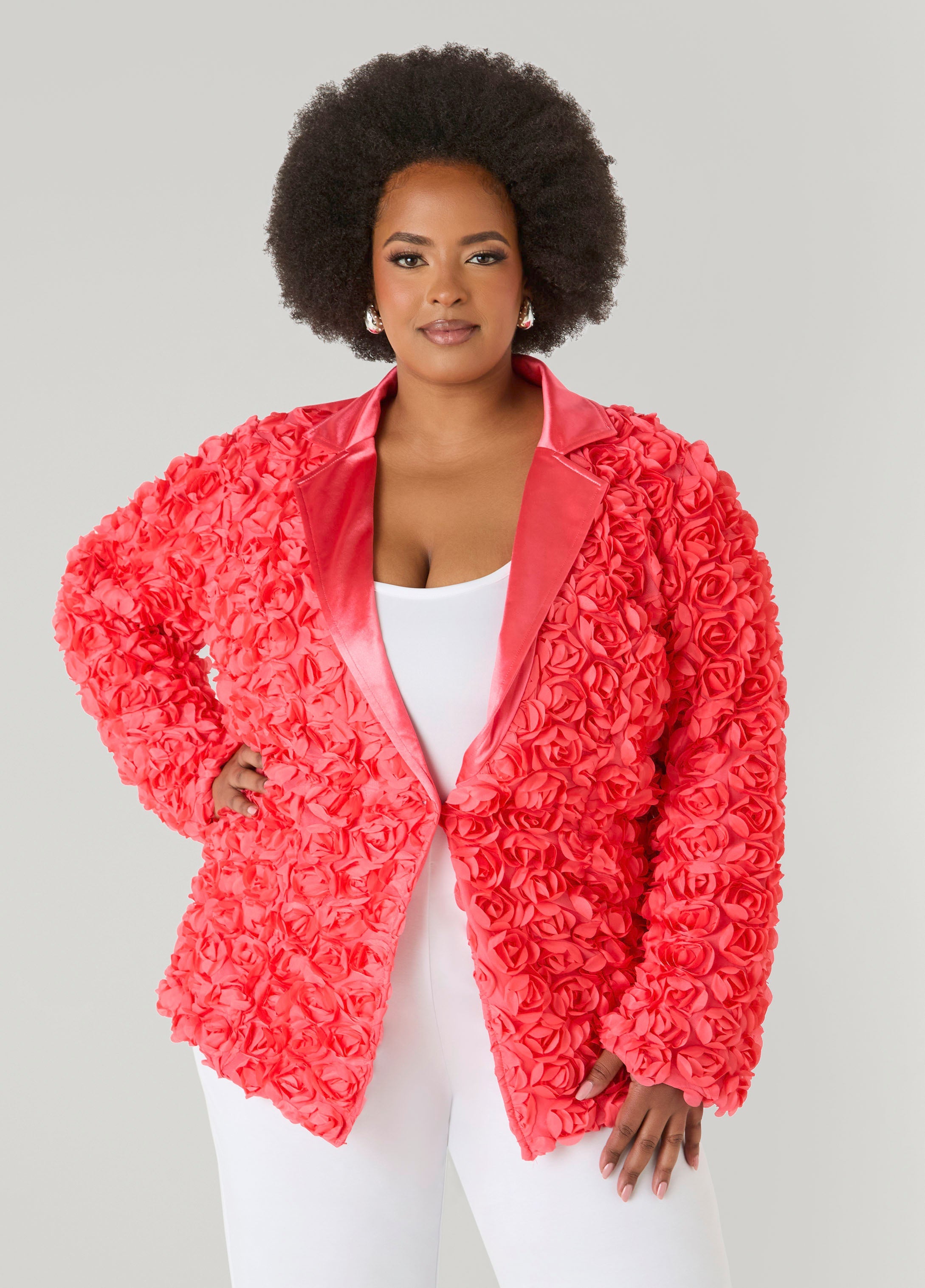 Satin Paneled Rosette Blazer White | Ashley Stewart