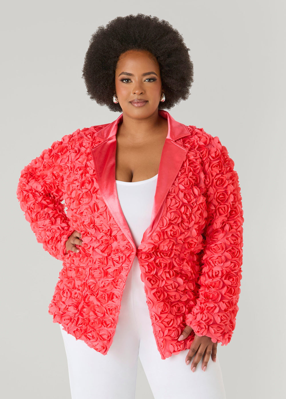 Satin Paneled Rosette Blazer White | Ashley Stewart
