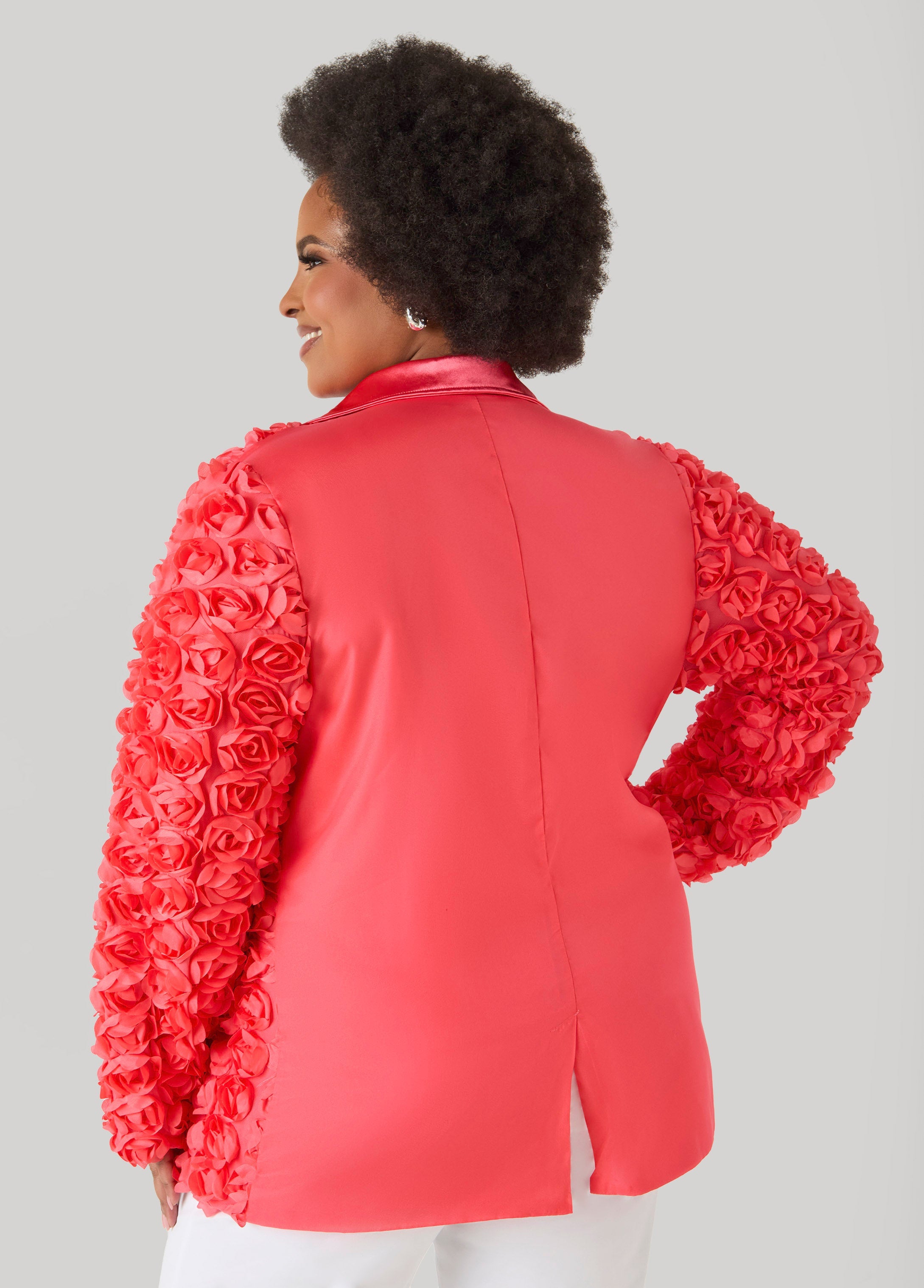 Satin Paneled Rosette Blazer White | Ashley Stewart
