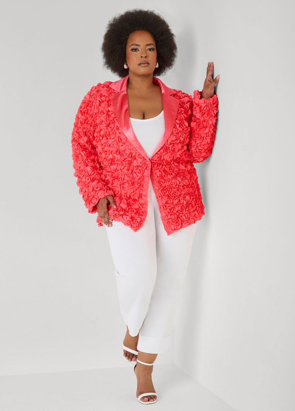 Satin Paneled Rosette Blazer White | Ashley Stewart