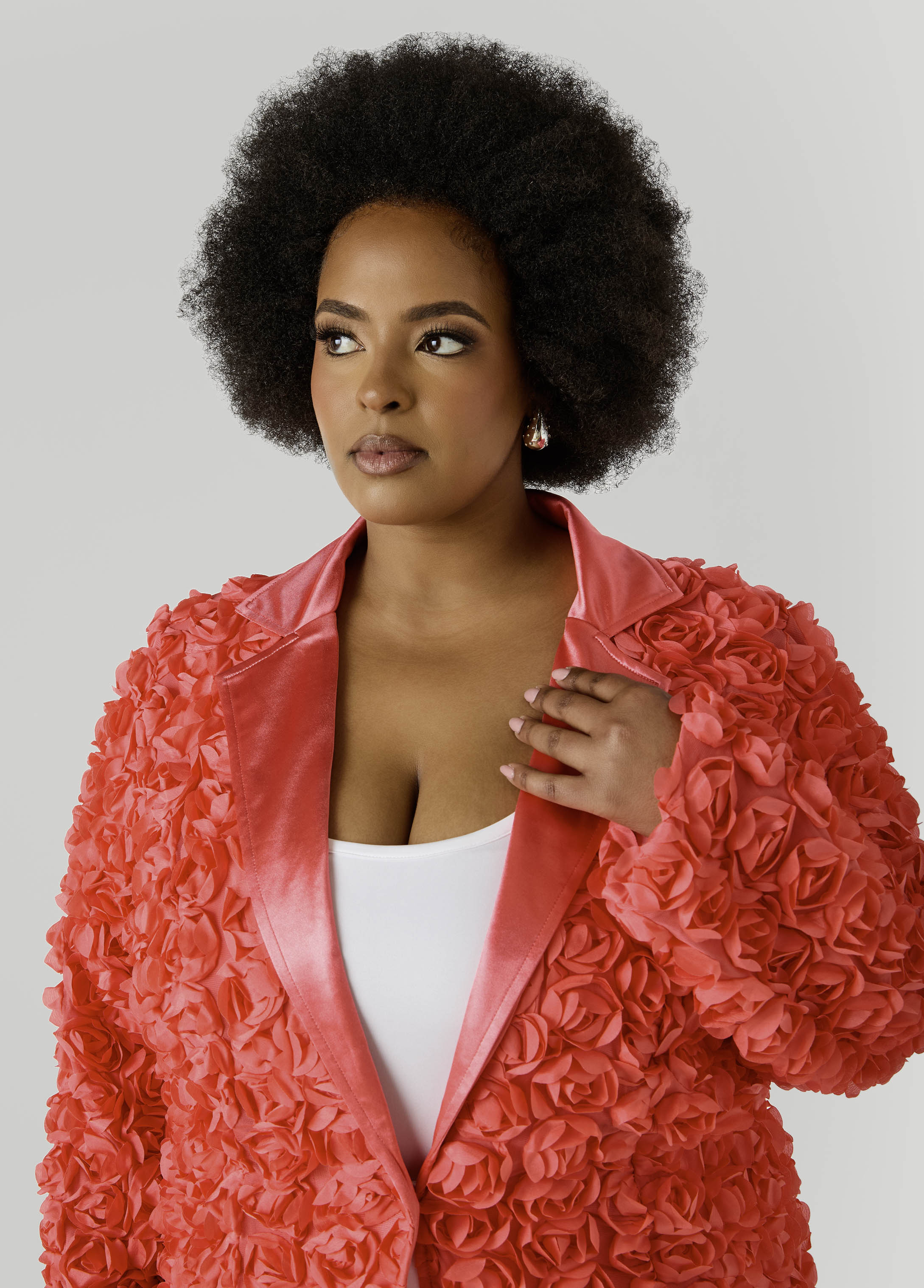 Satin Paneled Rosette Blazer White | Ashley Stewart