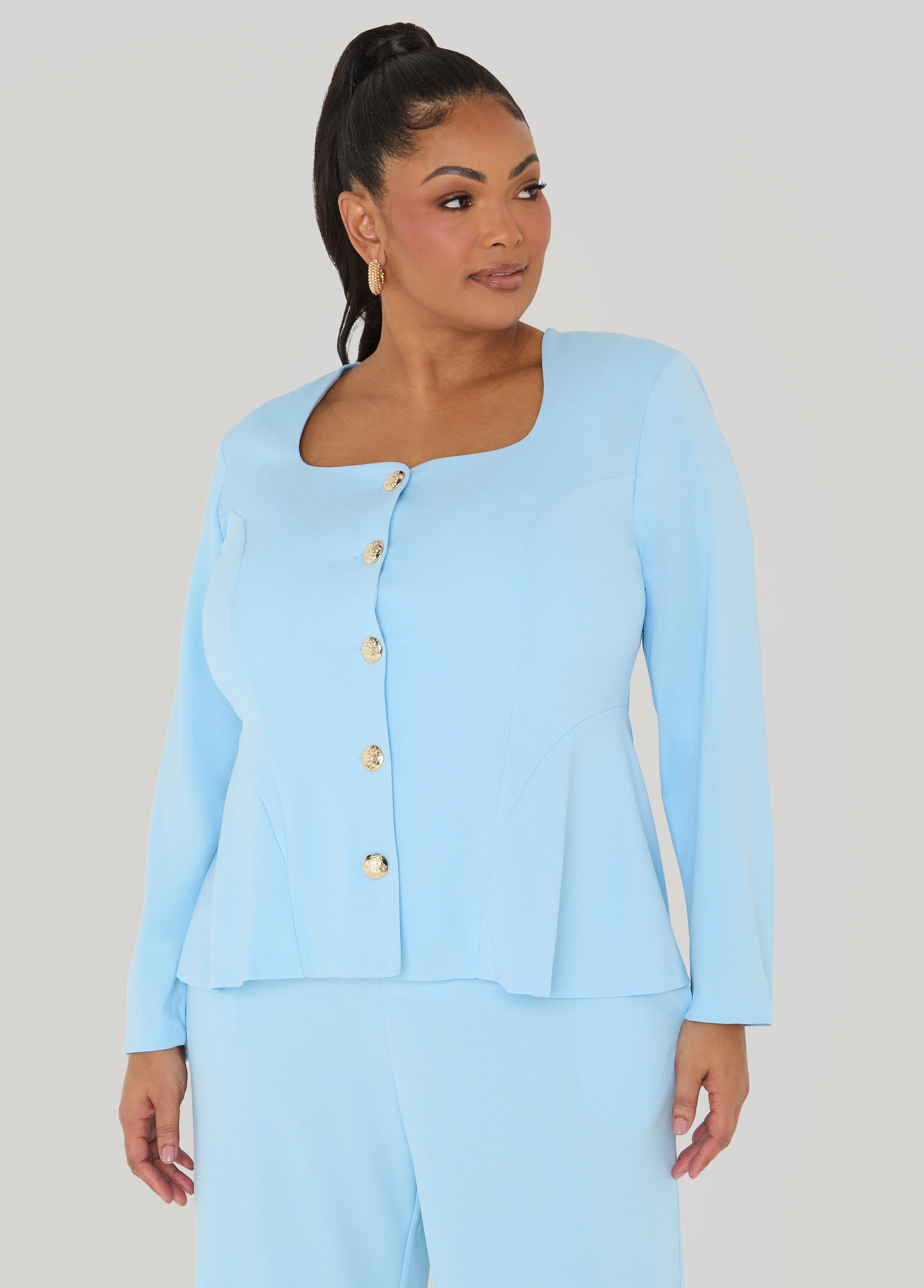 Square Neck Peplum Blazer POWDER BLUE | Ashley Stewart