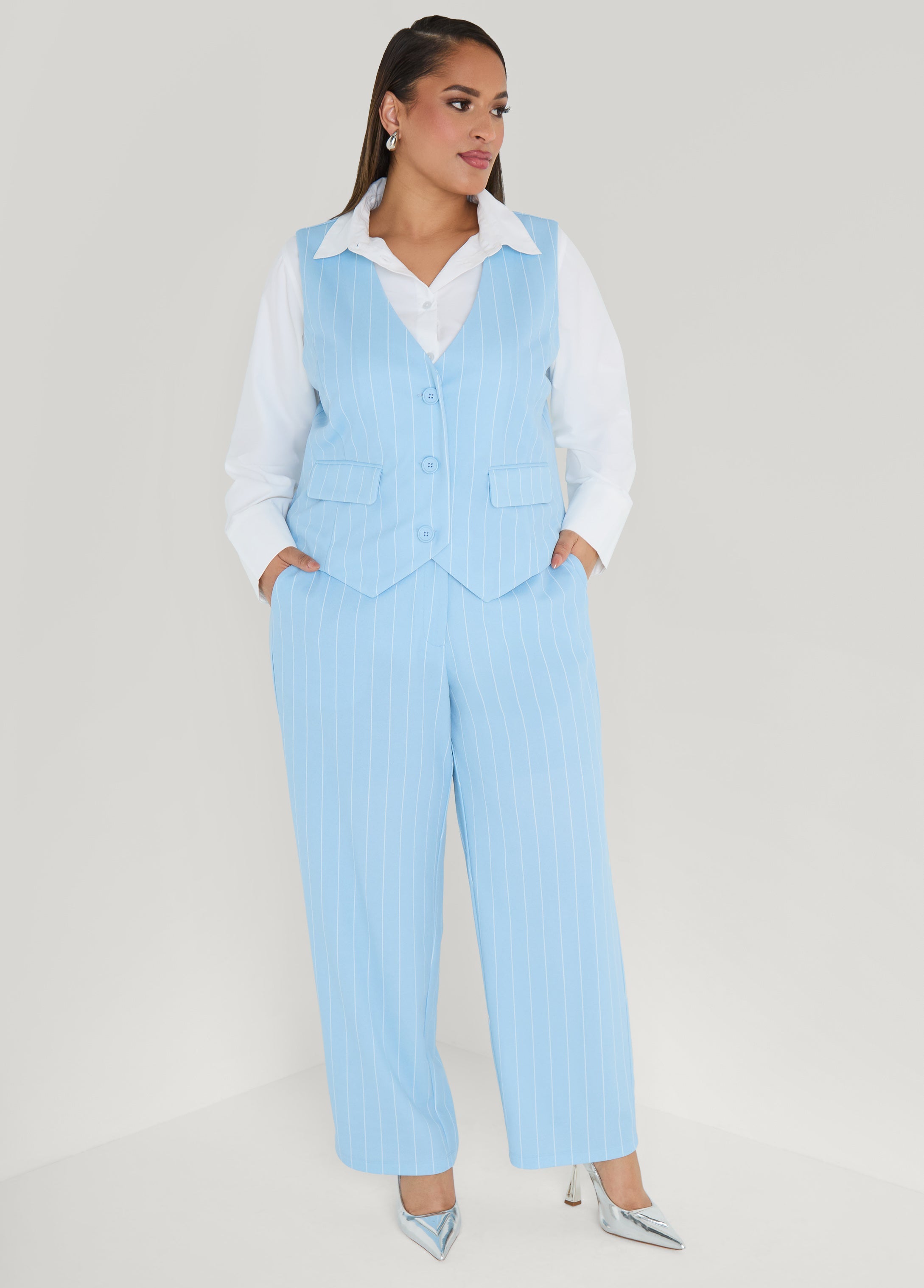 Striped Crepe Vest POWDER BLUE | Ashley Stewart