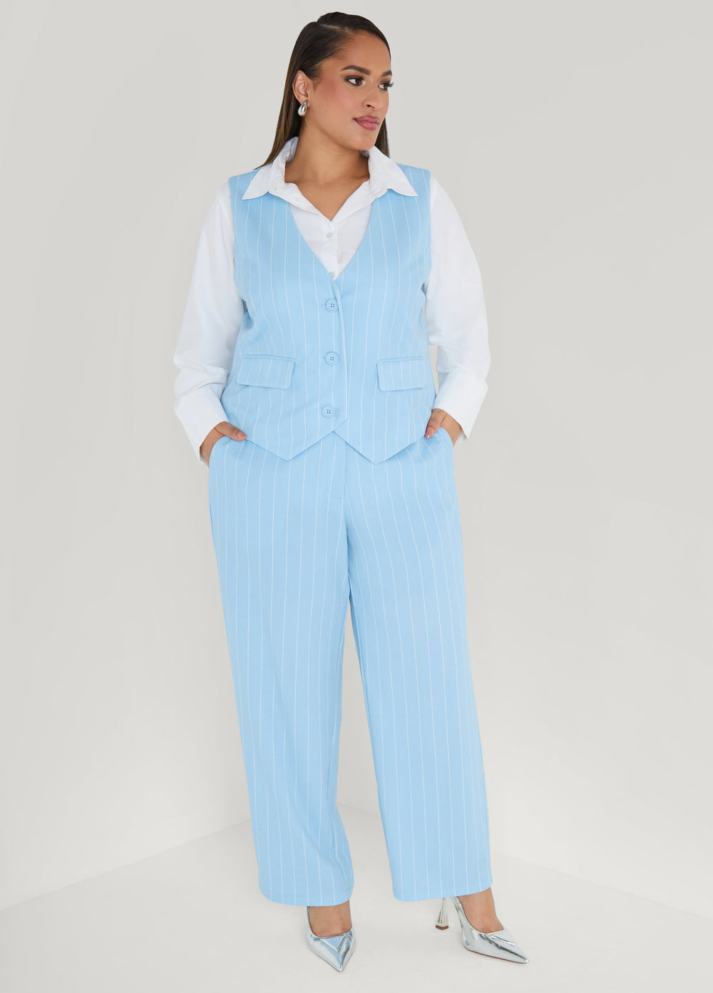 Striped Crepe Vest POWDER BLUE | Ashley Stewart