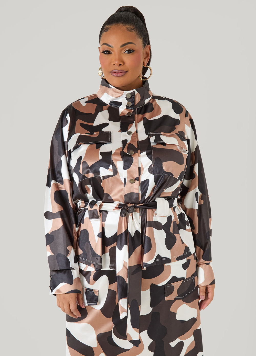 Belted Camo Print Satin Jacket Olive | Ashley Stewart