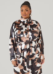 Belted Camo Print Satin Jacket Olive | Ashley Stewart