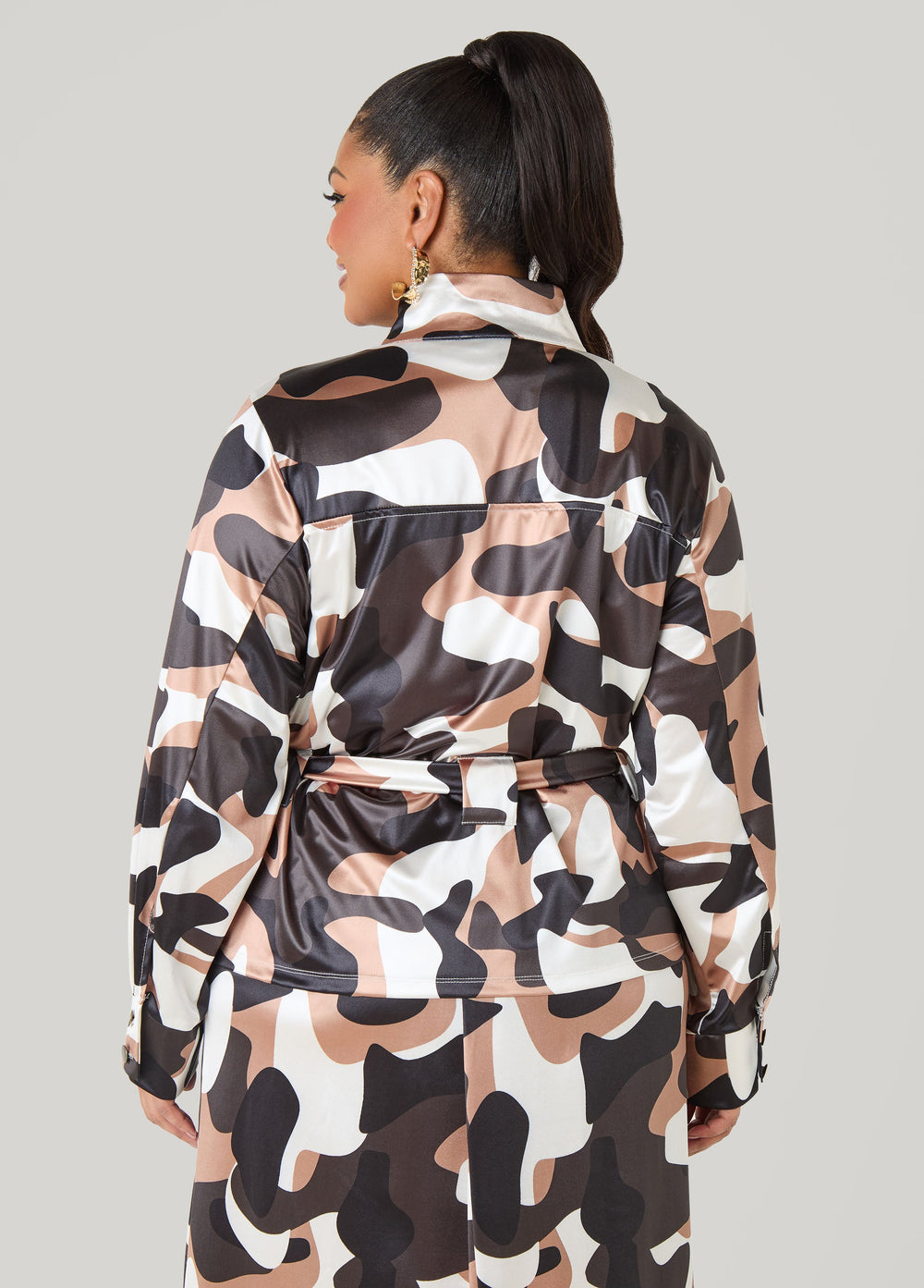 Belted Camo Print Satin Jacket Olive | Ashley Stewart