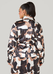Belted Camo Print Satin Jacket Olive | Ashley Stewart