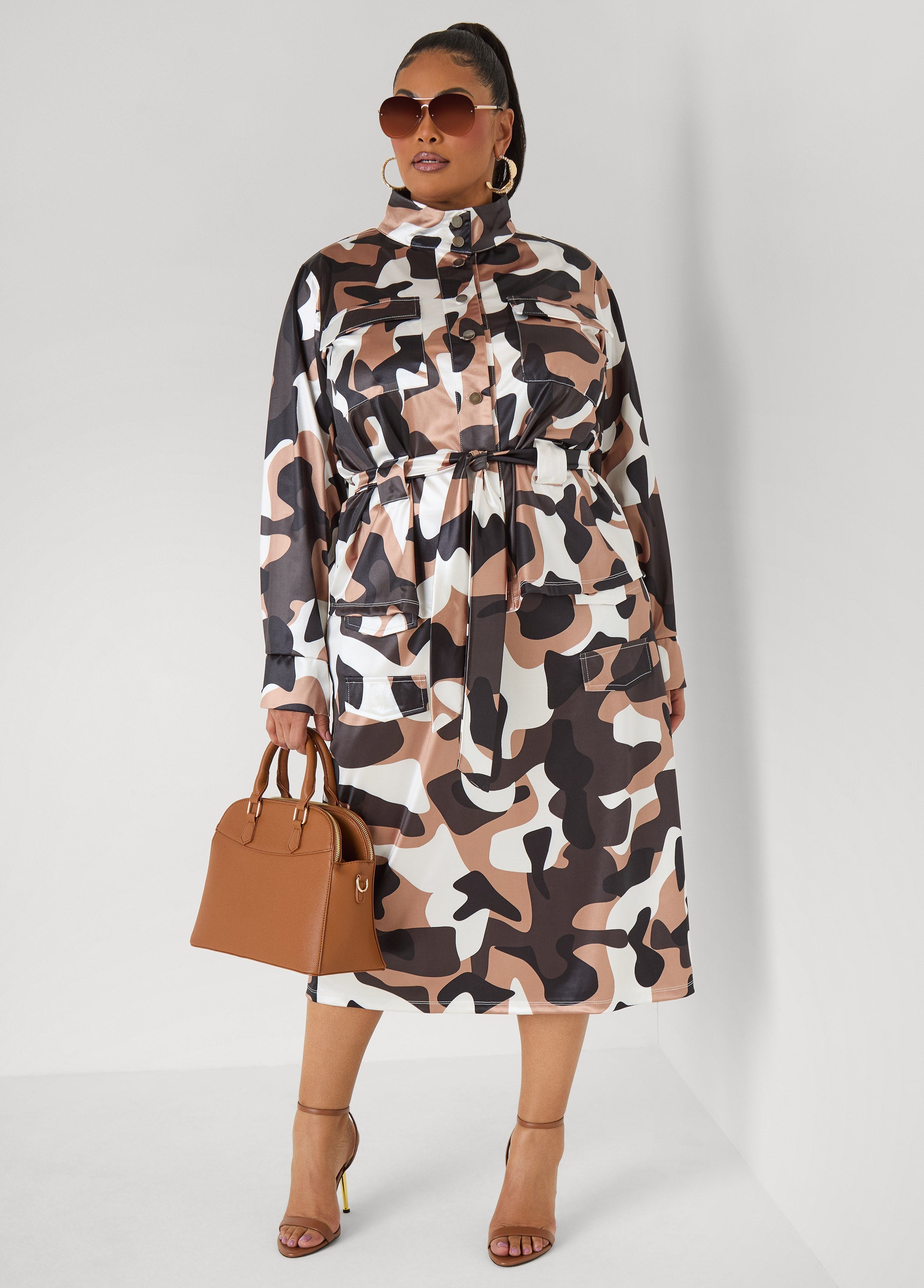 Belted Camo Print Satin Jacket Olive | Ashley Stewart