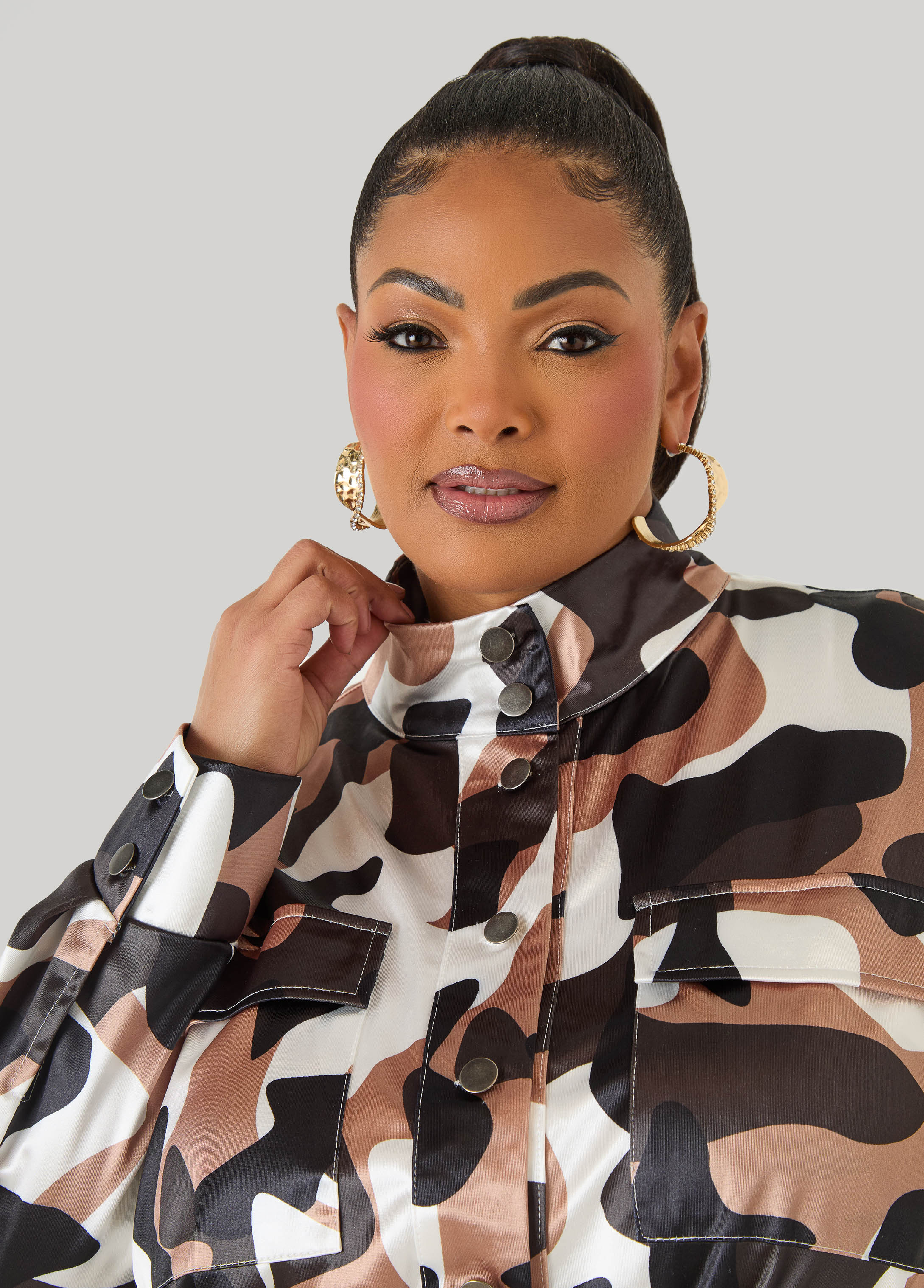 Belted Camo Print Satin Jacket Olive | Ashley Stewart
