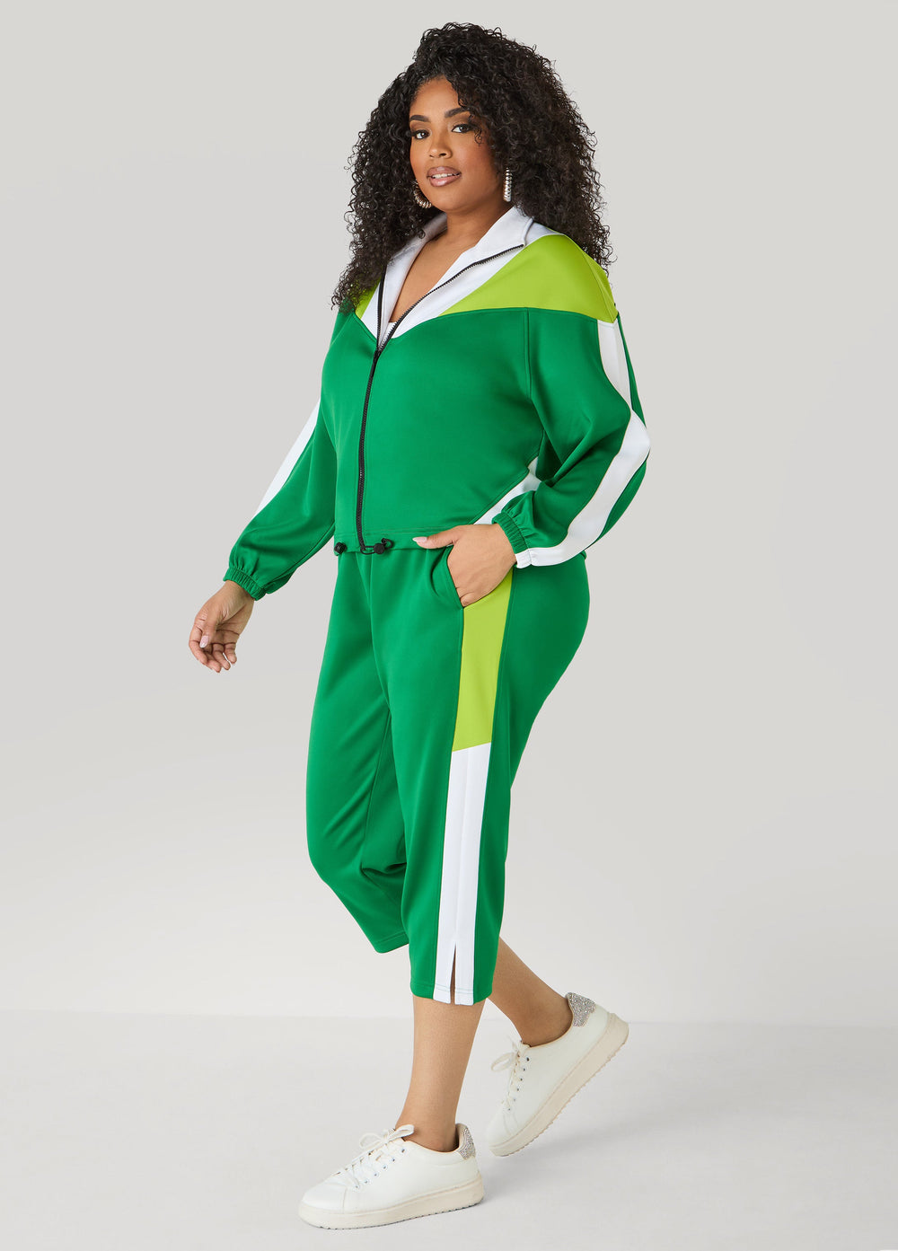 Drawstring Colorblock Track Jacket Macaw Green | Ashley Stewart