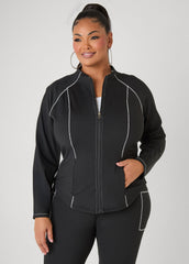 Piped Zip Front Track Jacket Black White | Ashley Stewart