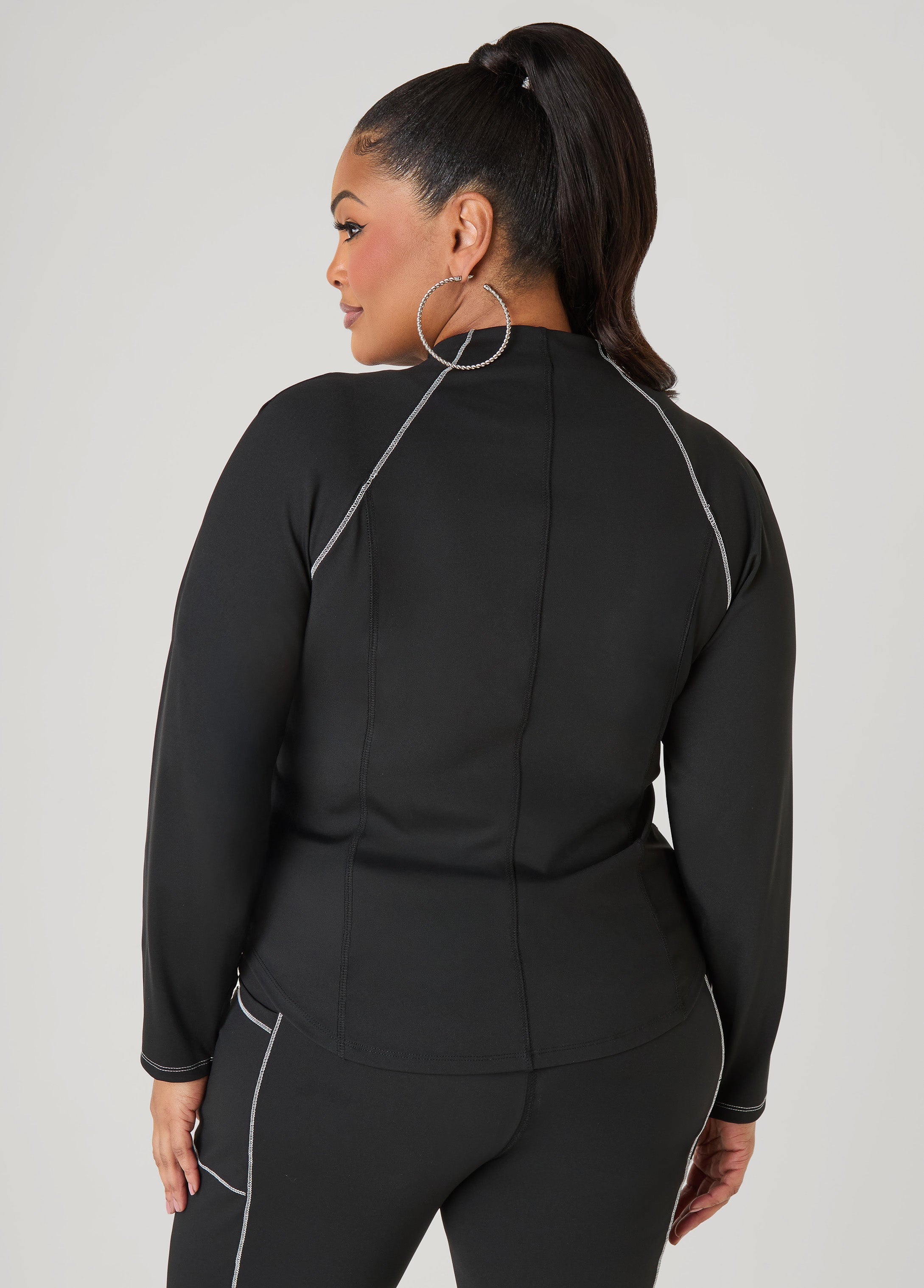 Piped Zip Front Track Jacket Black White | Ashley Stewart