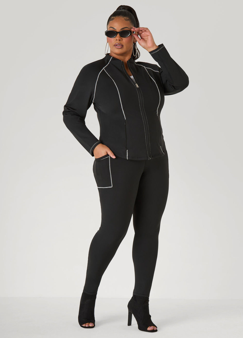 Piped Zip Front Track Jacket Black White | Ashley Stewart
