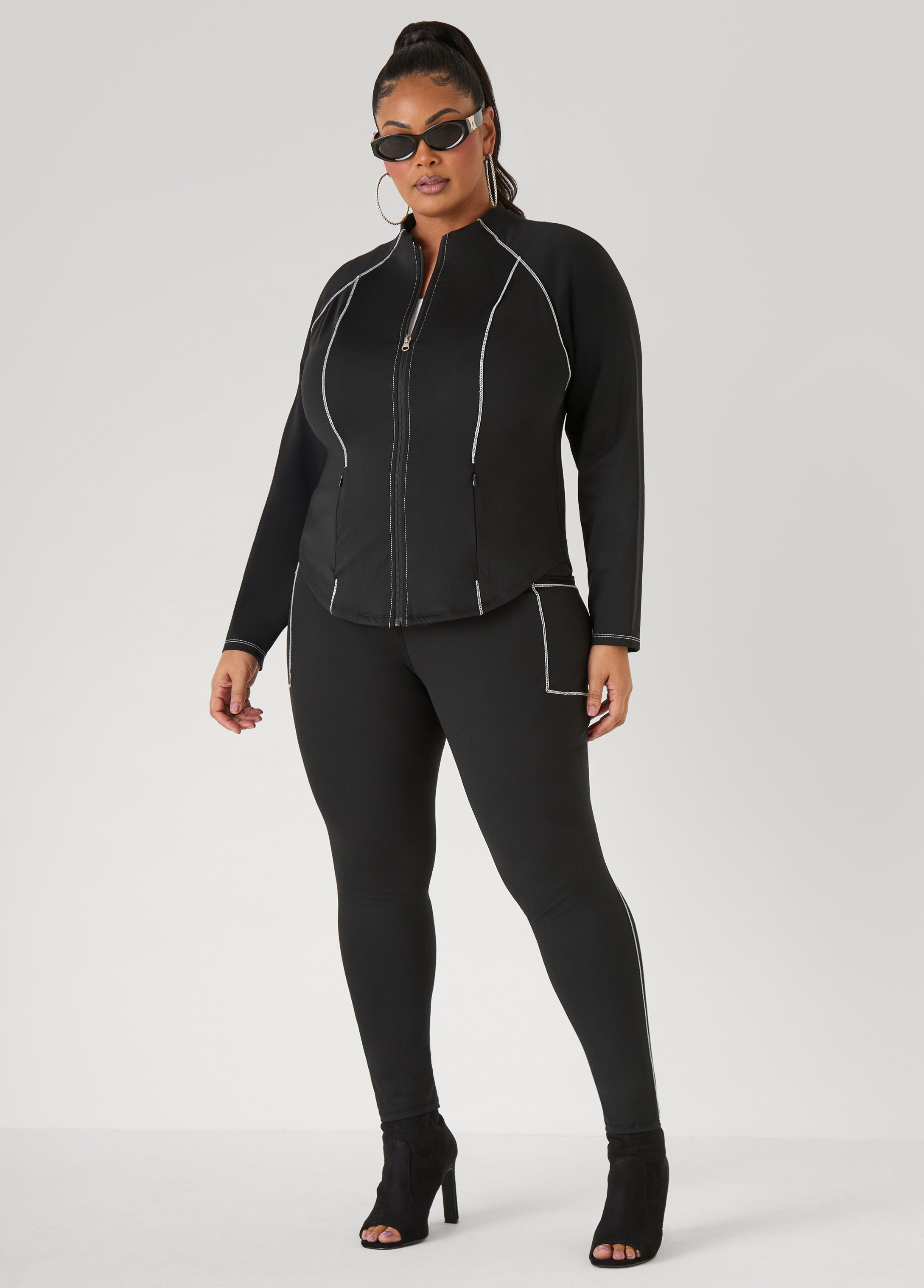 Piped Zip Front Track Jacket Black White | Ashley Stewart