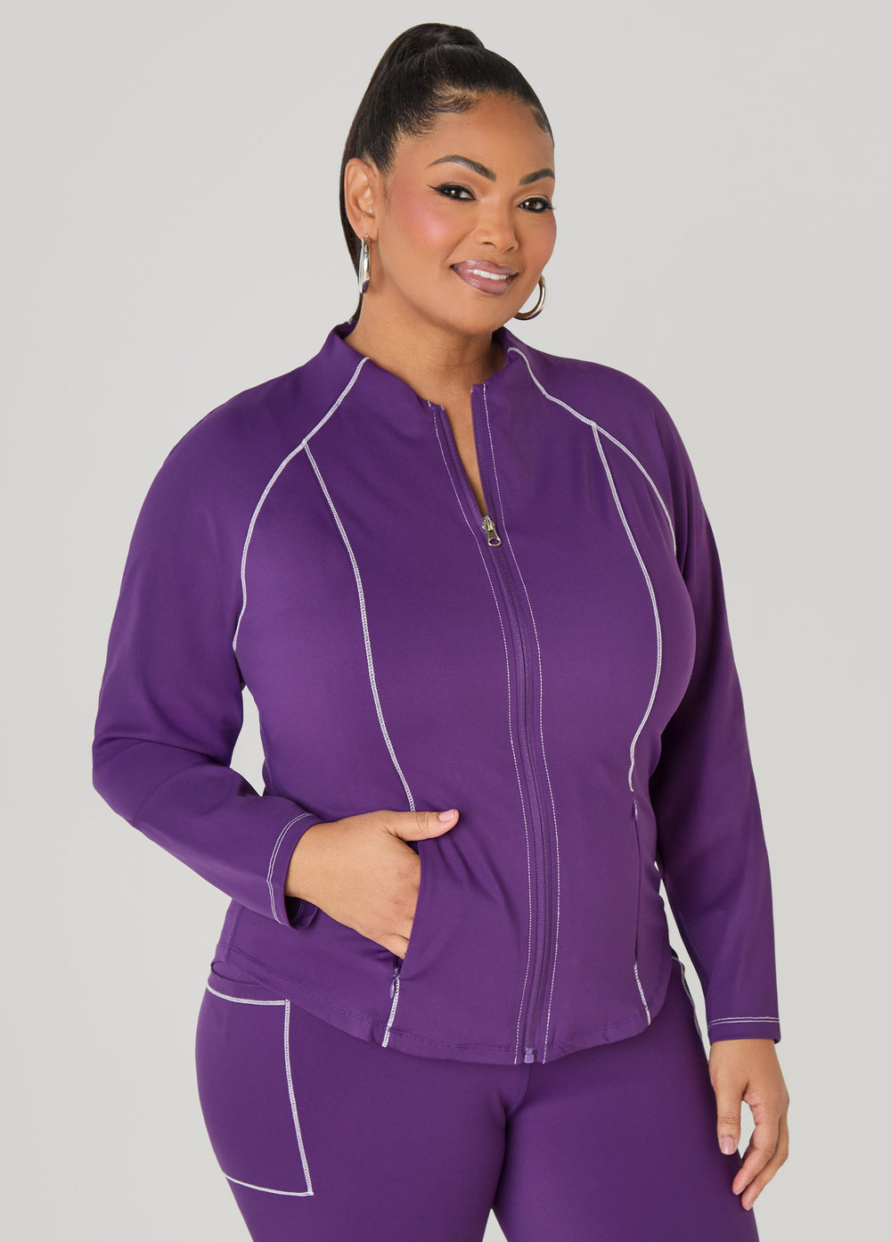 Piped Zip Front Track Jacket Black White | Ashley Stewart