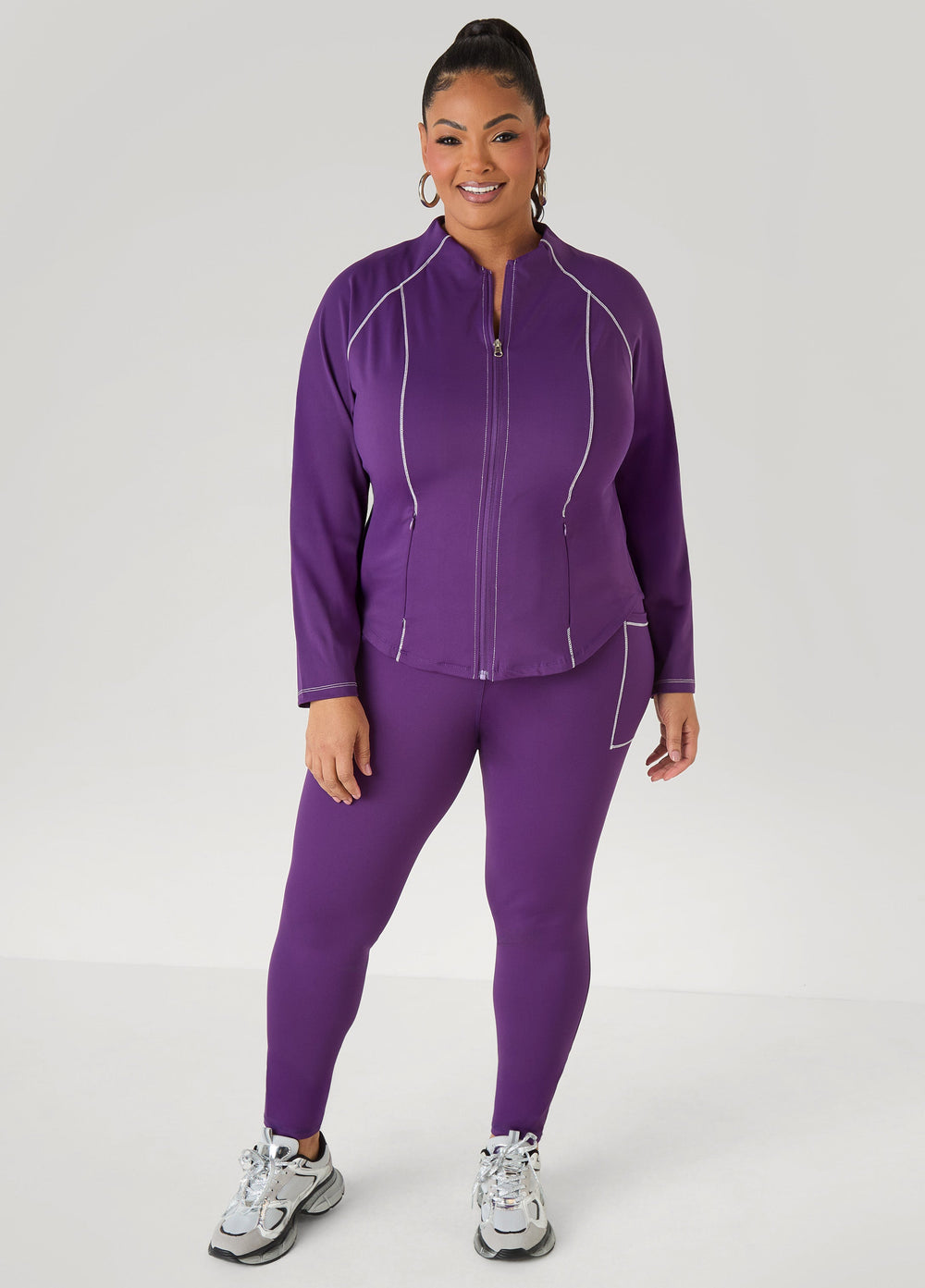 Piped Zip Front Track Jacket Black White | Ashley Stewart