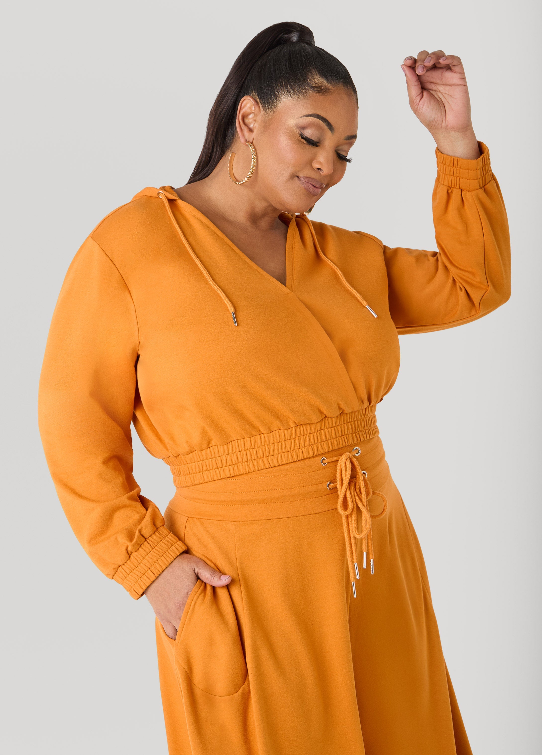 Cropped Faux Wrap Hoodie Heather Grey | Ashley Stewart