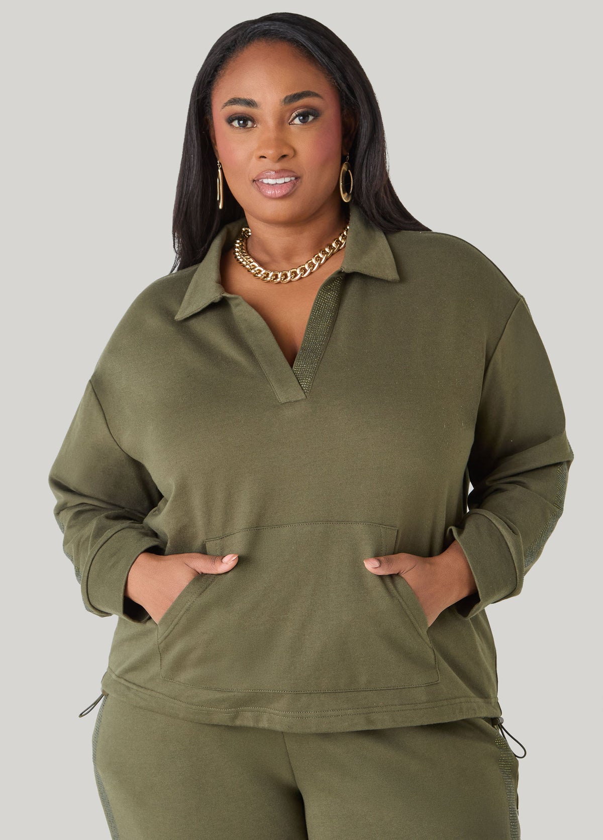 Crystal V Neck Pullover Olive Night | Ashley Stewart