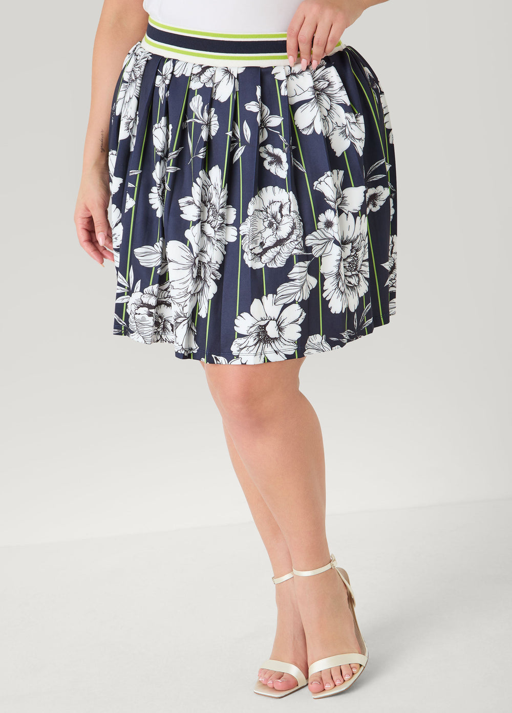 Striped And Floral Pleated Skort Peacoat | Ashley Stewart