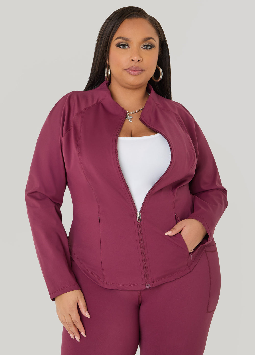 Zip Front Athletic Jacket Burgundy | Ashley Stewart