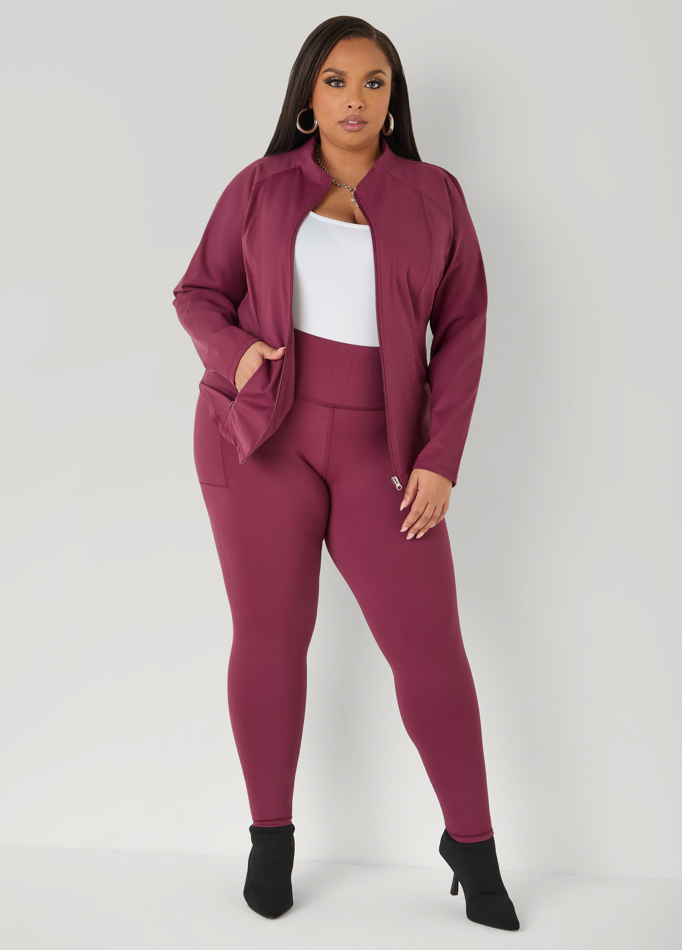 Zip Front Athletic Jacket Burgundy | Ashley Stewart