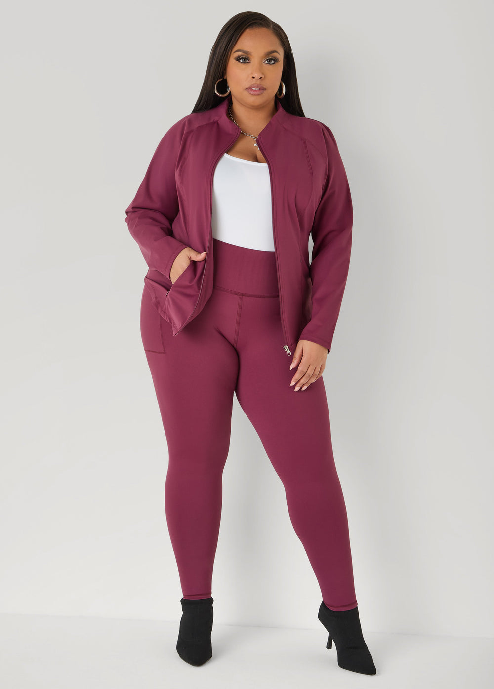 Zip Front Athletic Jacket Burgundy | Ashley Stewart