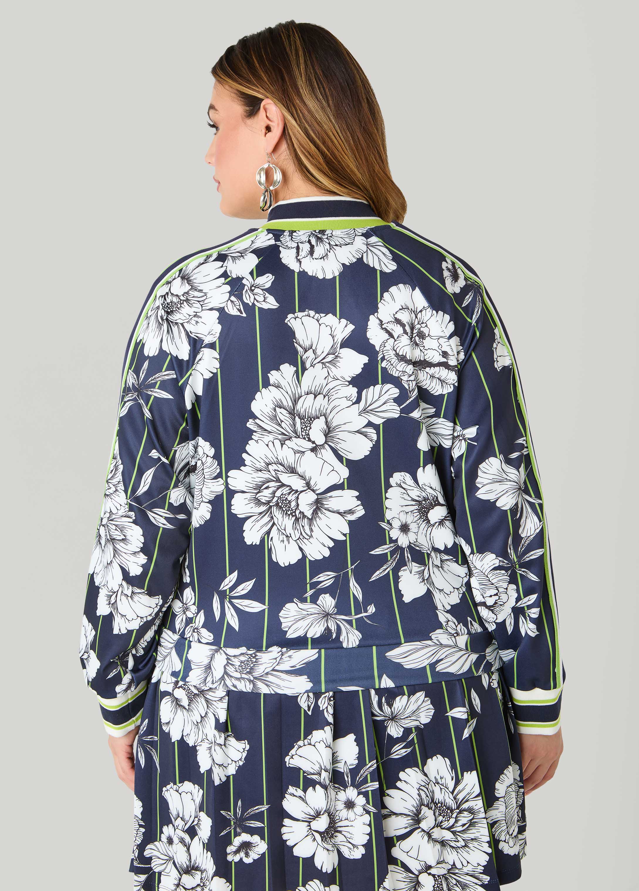 Striped And Floral Track Jacket Peacoat | Ashley Stewart