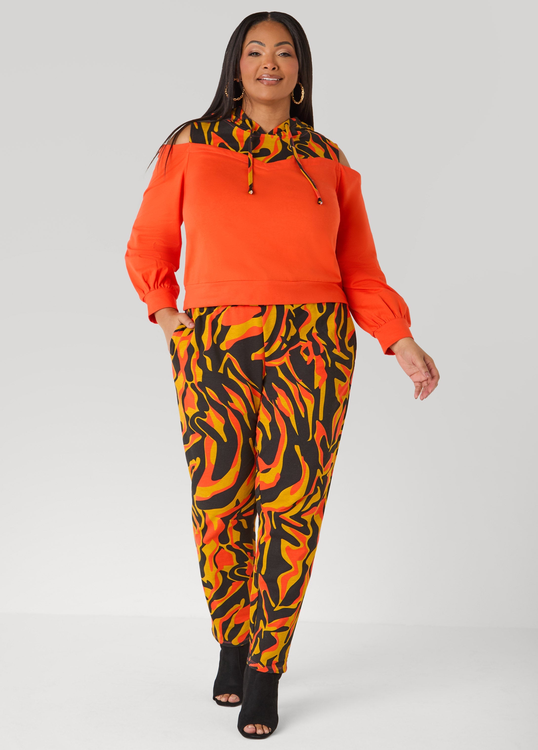 Cold Shoulder Printed Hoodie SPICY ORANGE | Ashley Stewart