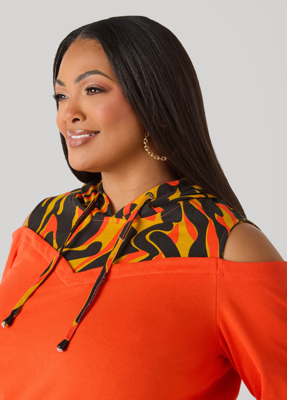 Cold Shoulder Printed Hoodie SPICY ORANGE | Ashley Stewart