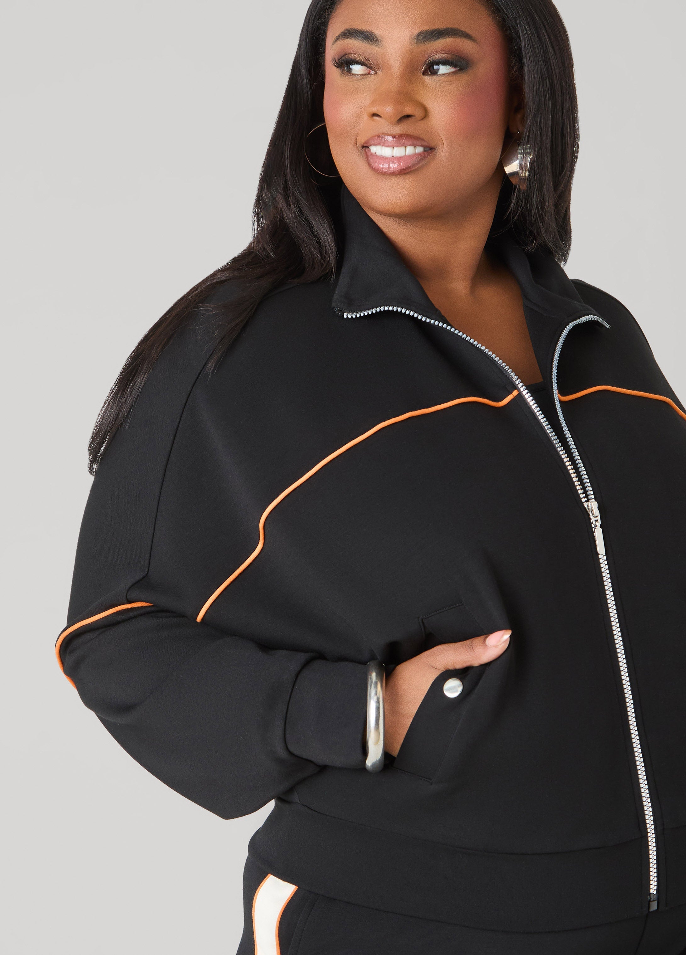 Piped Jersey Track Jacket Orange Ochre | Ashley Stewart