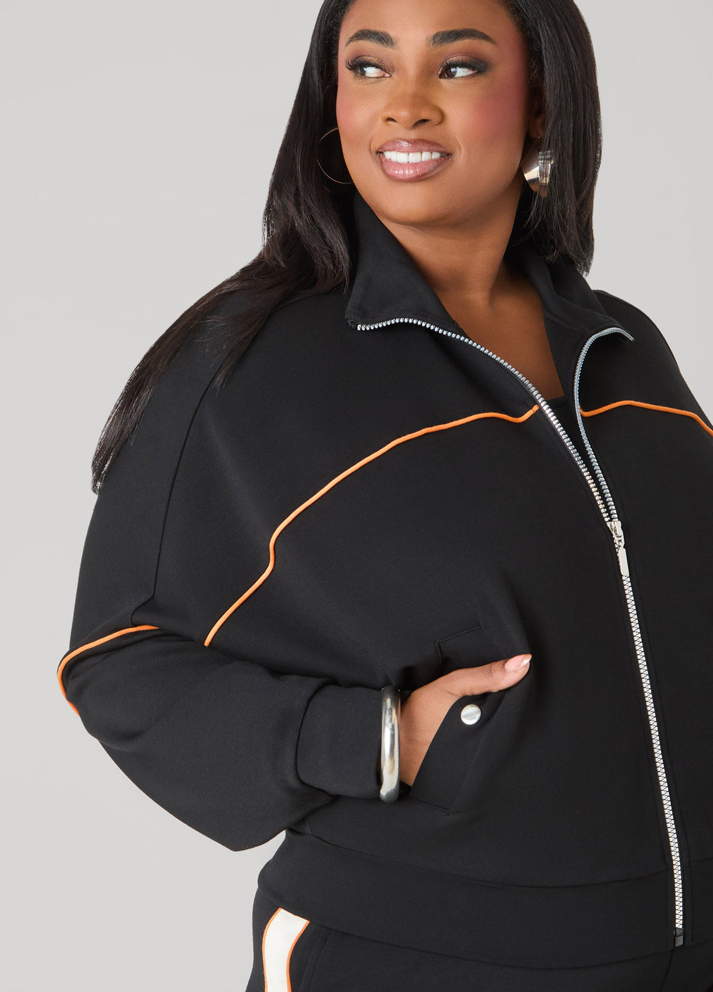 Piped Jersey Track Jacket Orange Ochre | Ashley Stewart