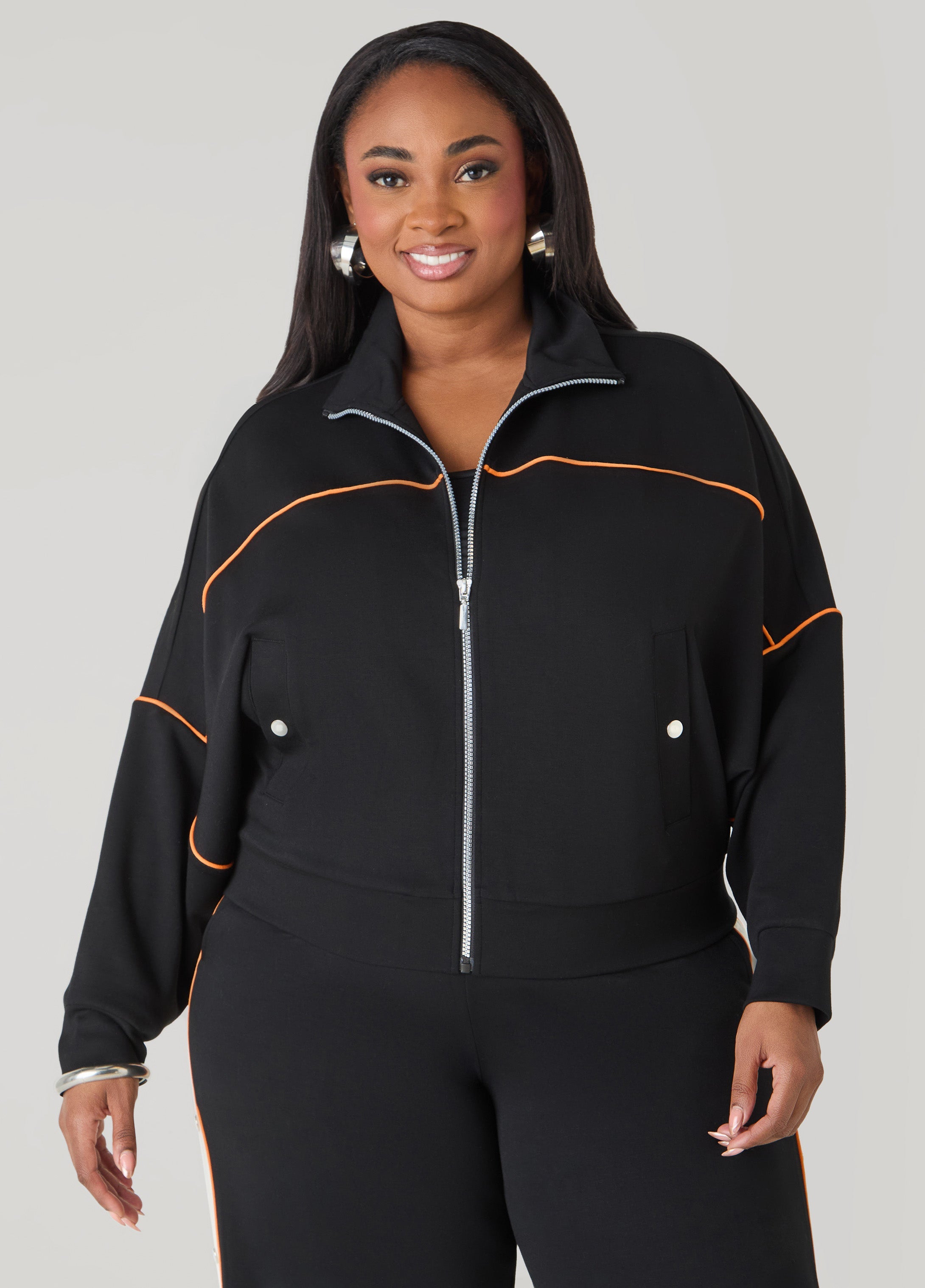 Piped Jersey Track Jacket Orange Ochre | Ashley Stewart