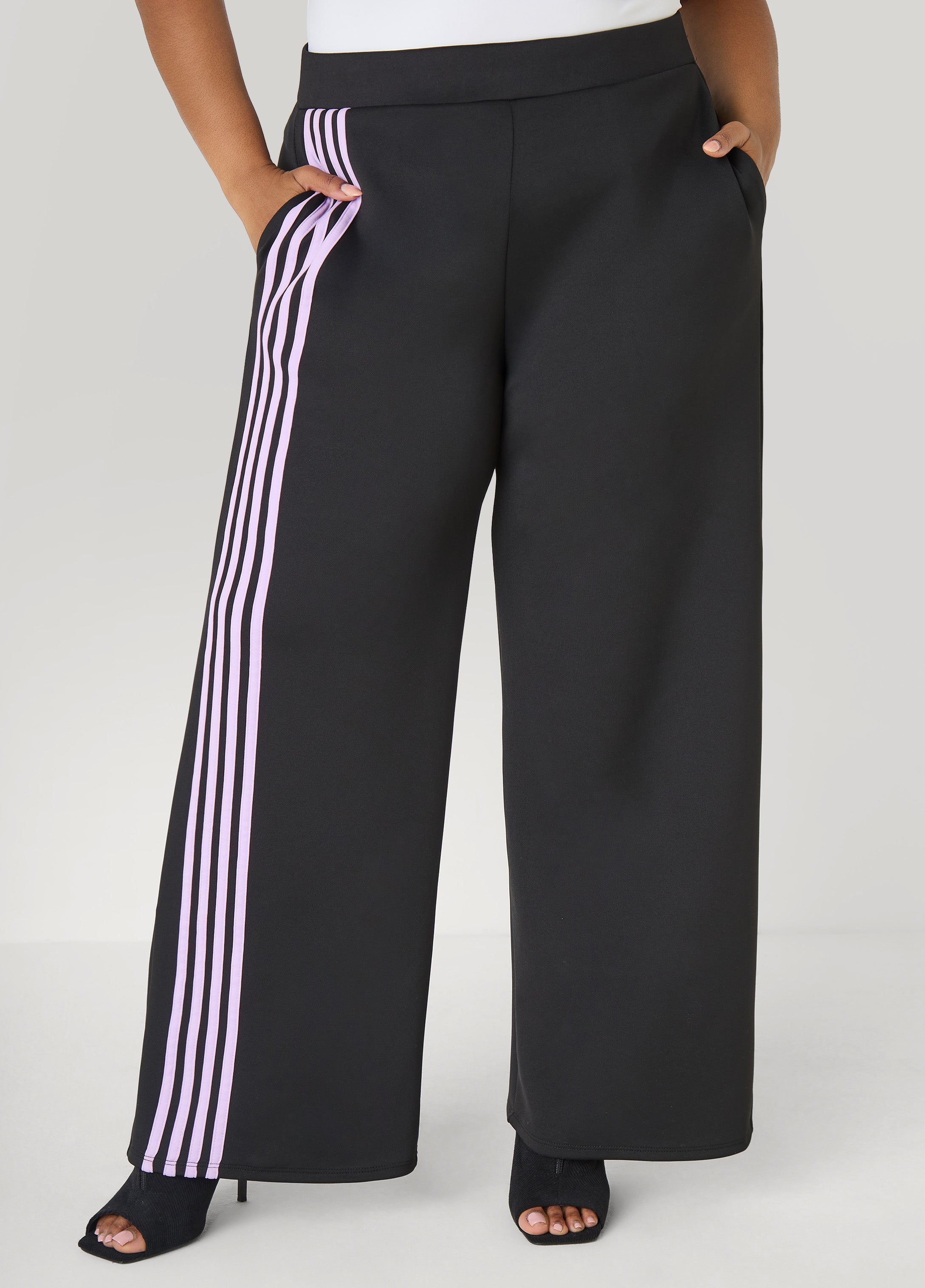 Striped Wide Leg Track Pants Black | Ashley Stewart