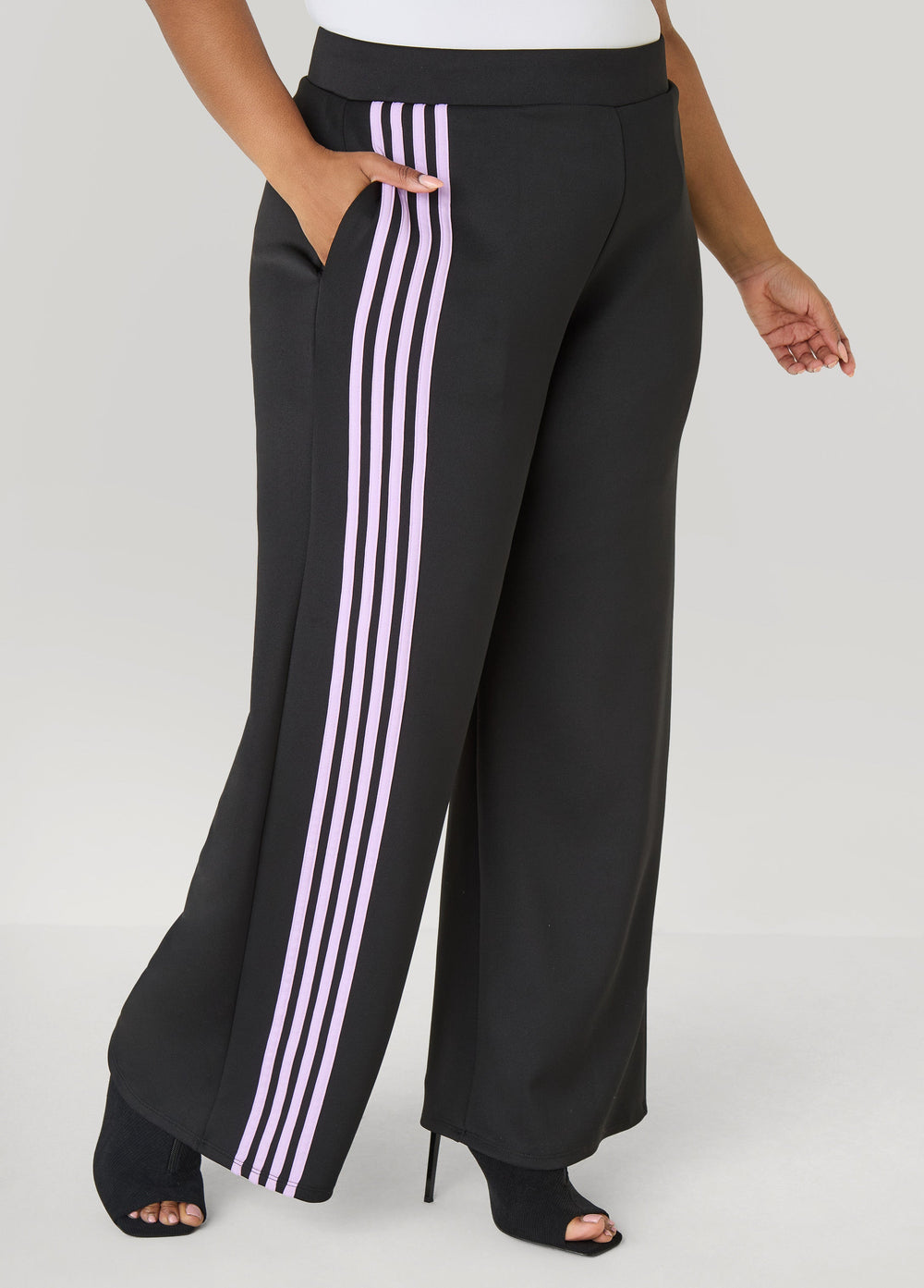 Striped Wide Leg Track Pants Black | Ashley Stewart