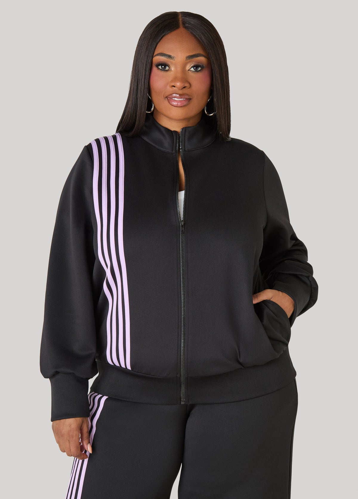 Striped Zip Front Track Jacket Black | Ashley Stewart