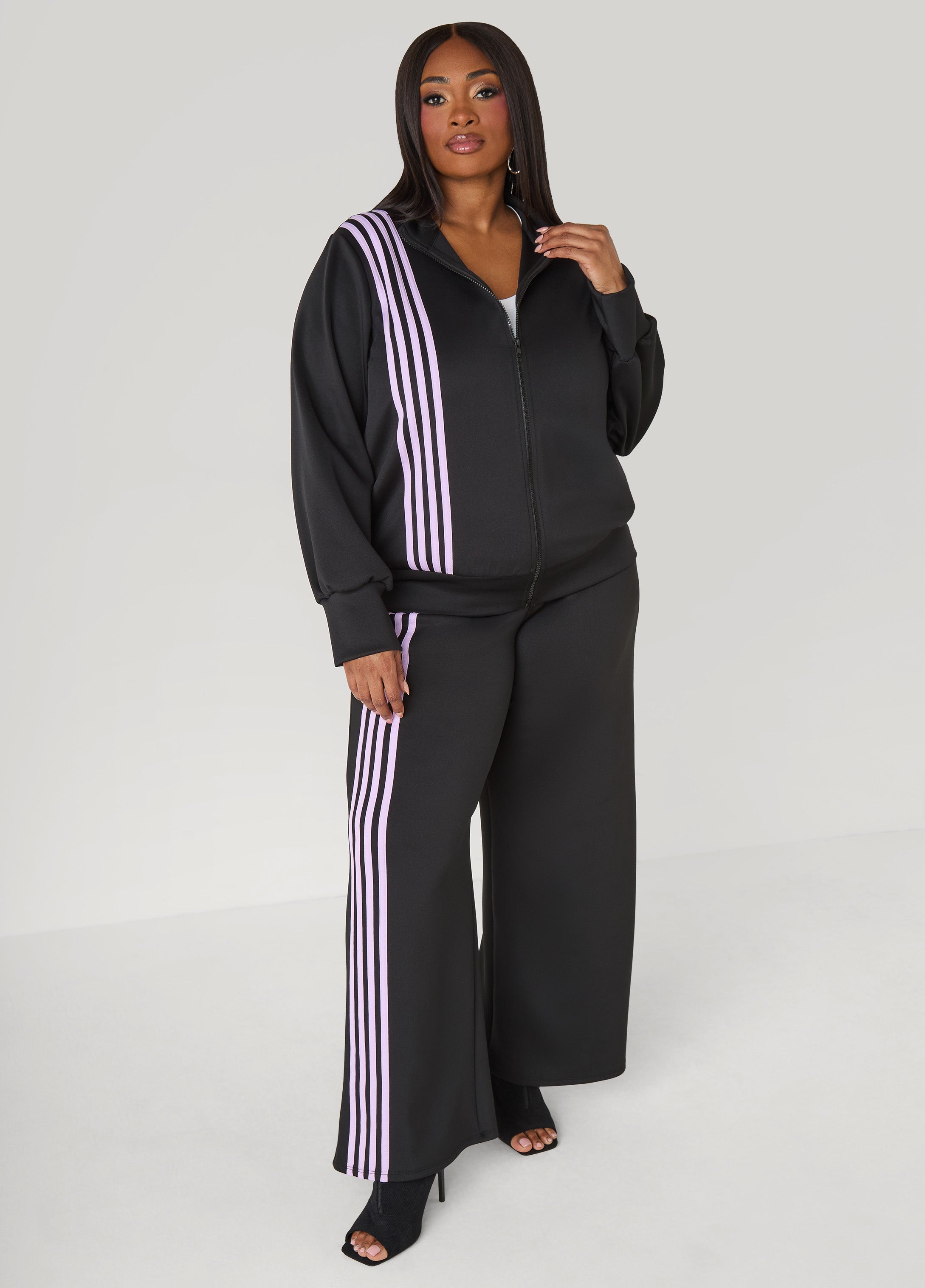Striped Zip Front Track Jacket Black | Ashley Stewart