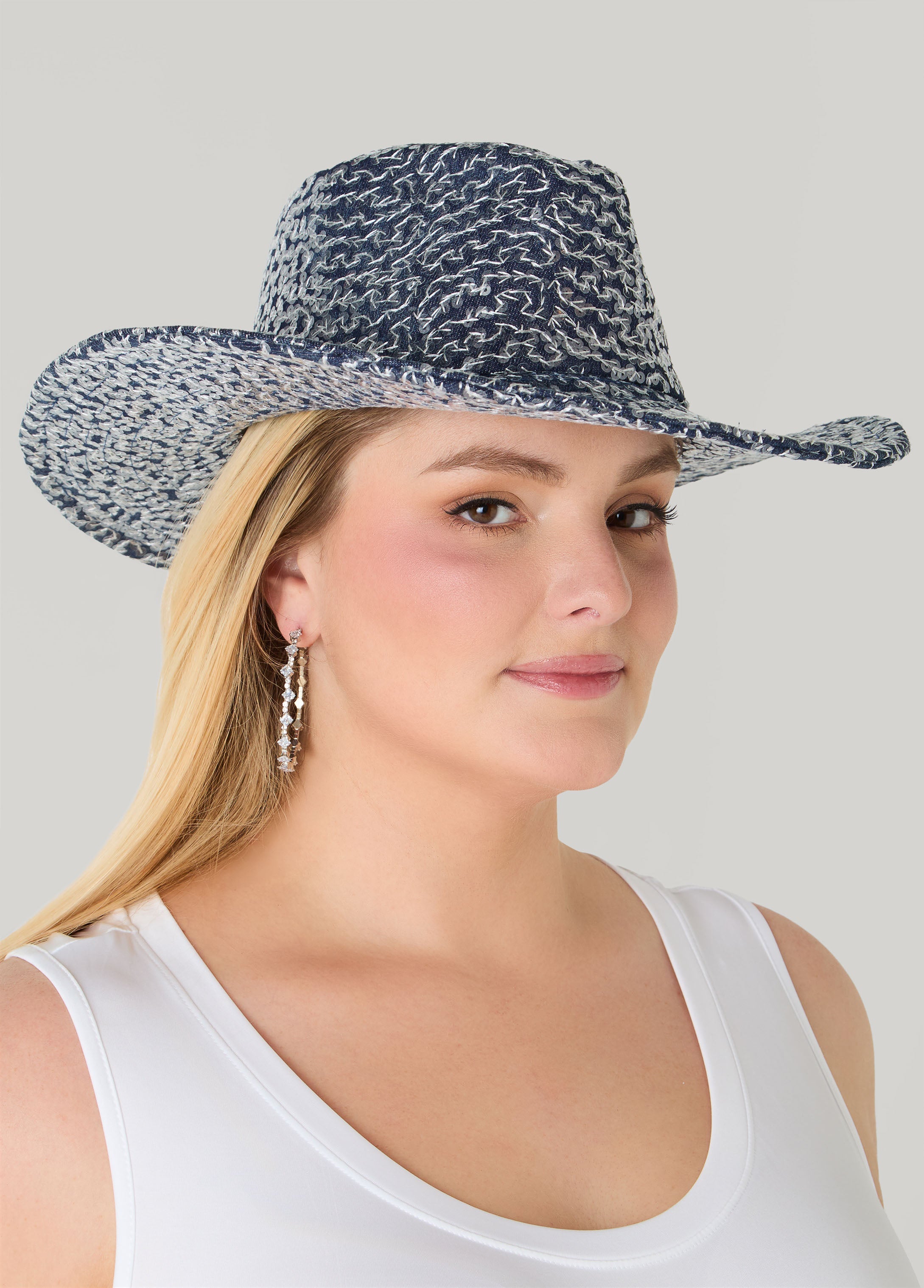 Embroidered Sequin Cowboy Hat Blue | Ashley Stewart