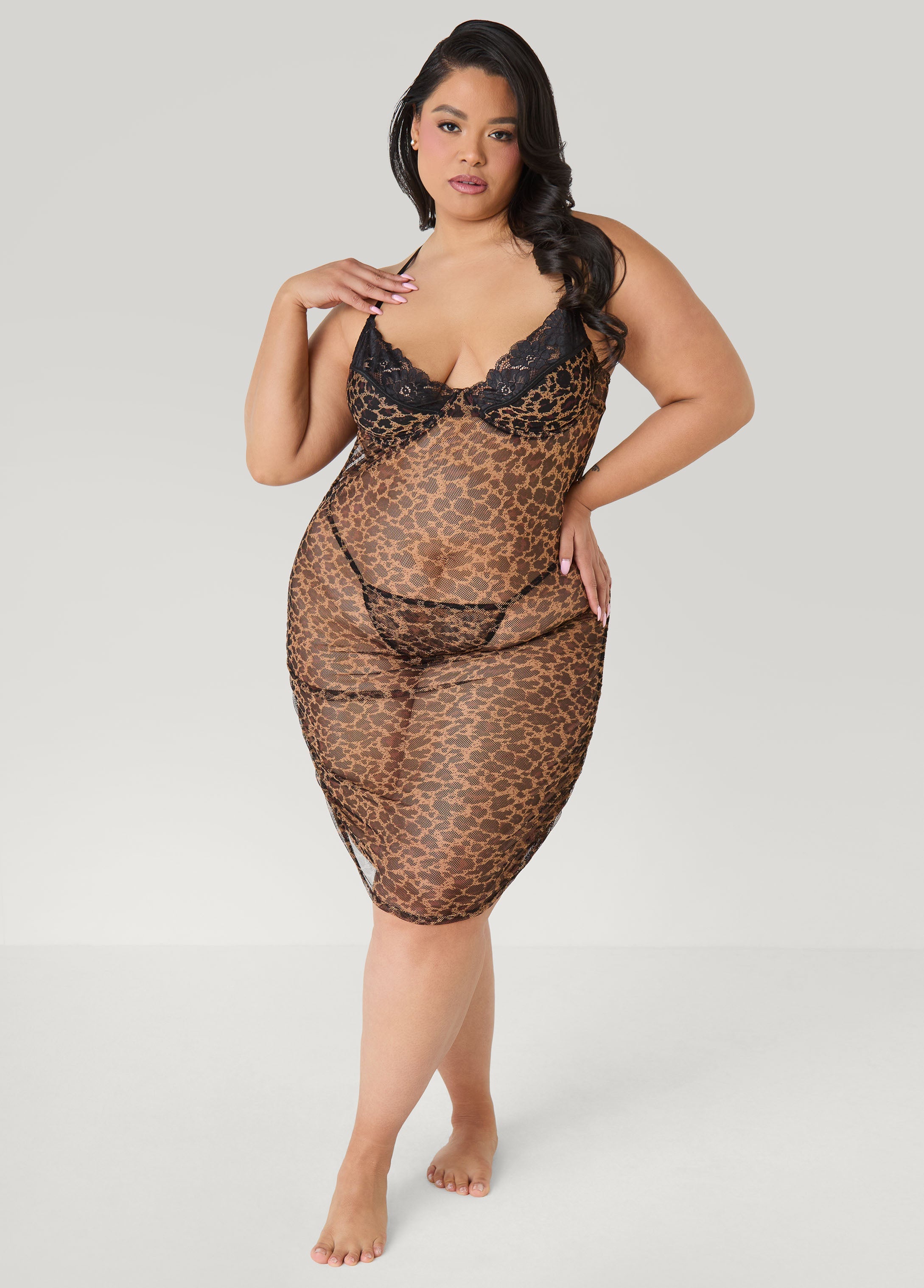Ruched Animal Mesh Chemise Set Brown Animal | Ashley Stewart