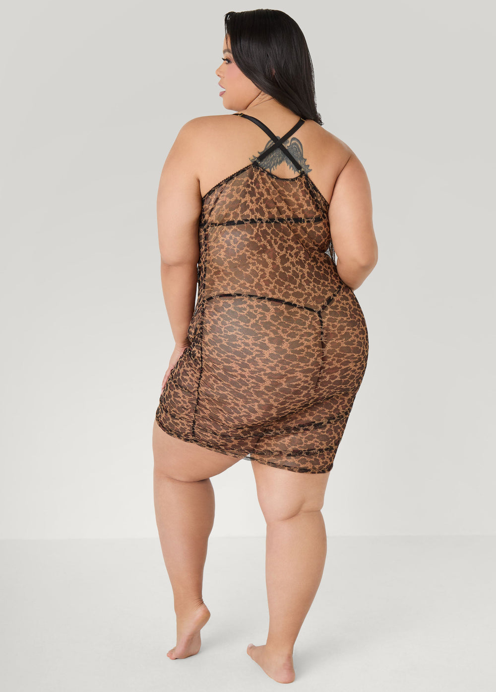 Ruched Animal Mesh Chemise Set Brown Animal | Ashley Stewart