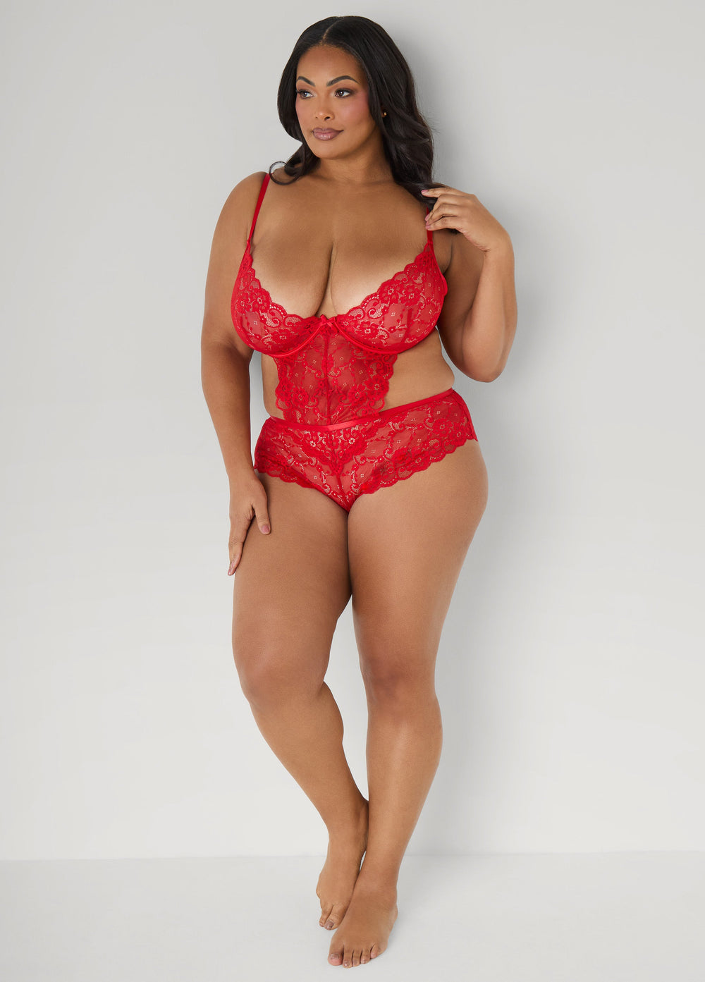 Crotchless Lace Bodysuit Red | Ashley Stewart