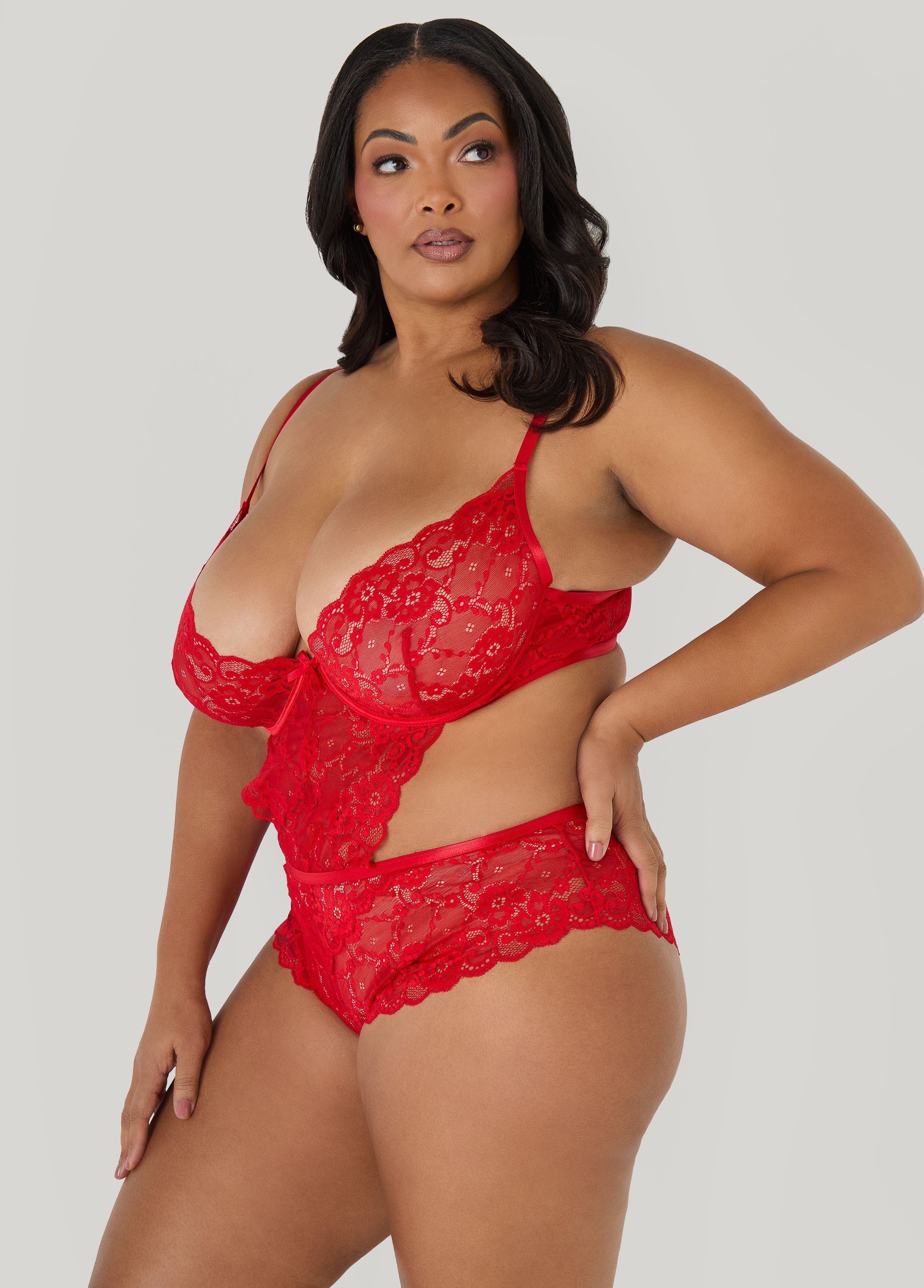 Crotchless Lace Bodysuit Red | Ashley Stewart