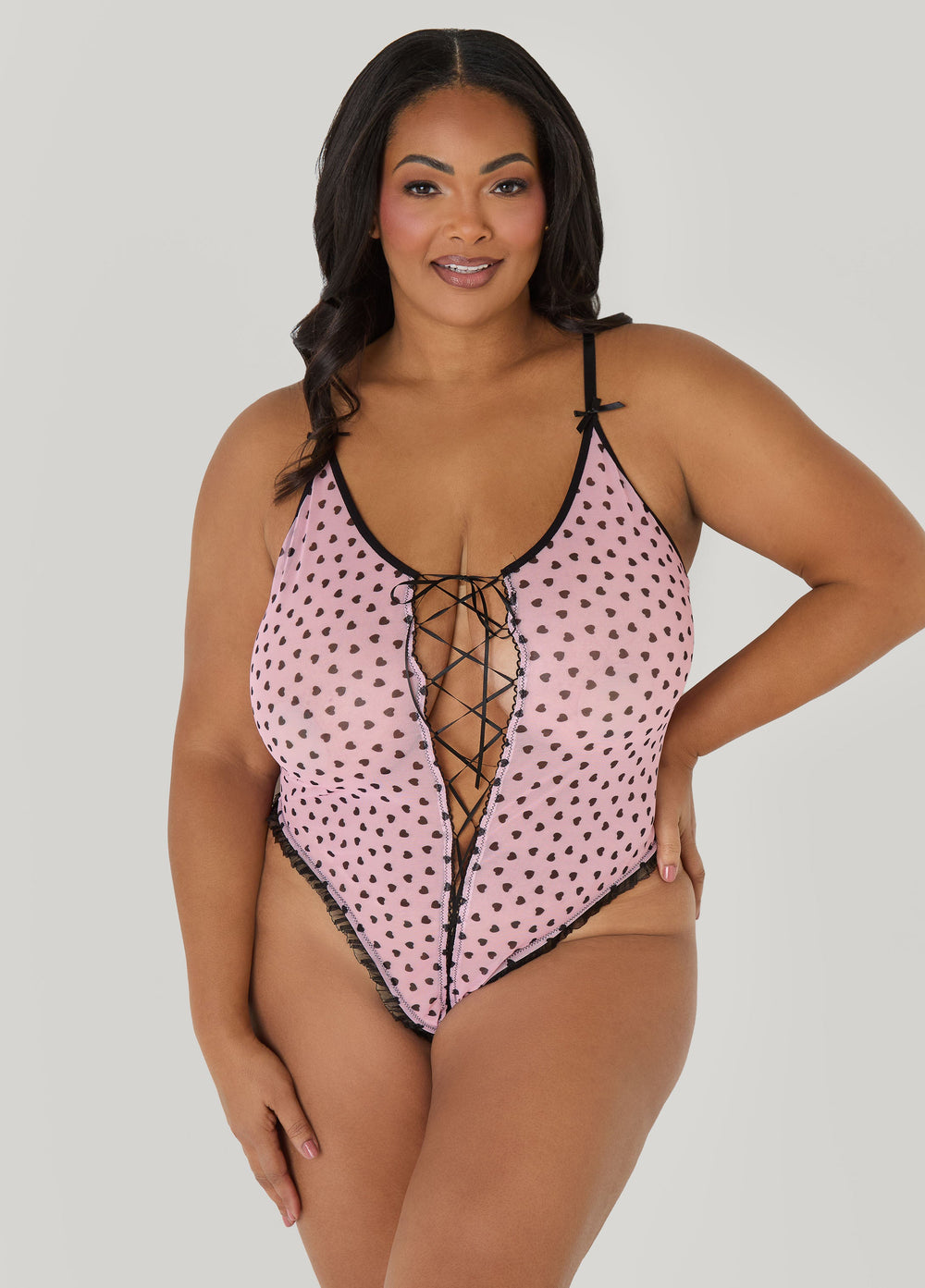 Heart Print Crotchless Bodysuit Pink | Ashley Stewart
